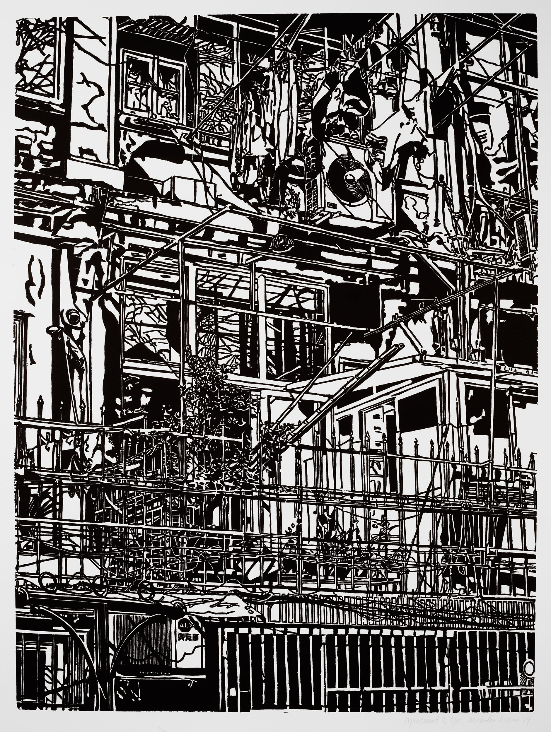 Apartment 9, a black and white linoleum block 
                print of an apartment building in Shanghai by artist Nicholas Brown.