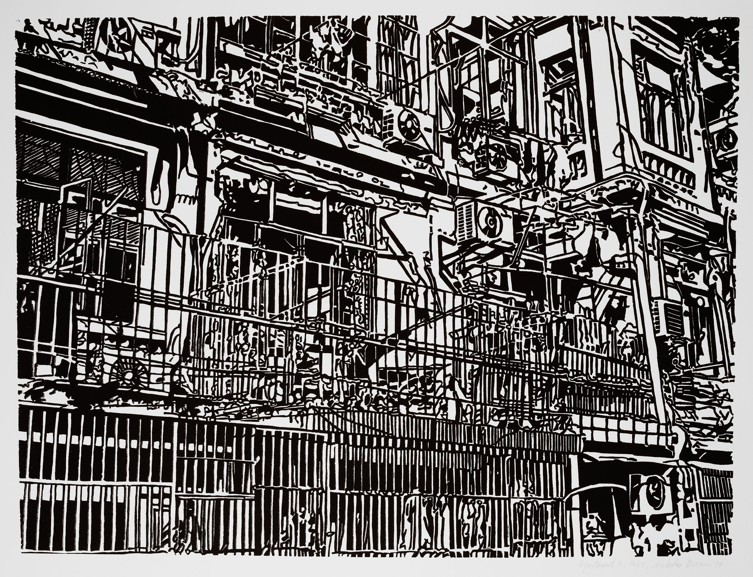 Apartment 11, a black and white linoleum block 
                print of an apartment building in Shanghai by artist Nicholas Brown.
