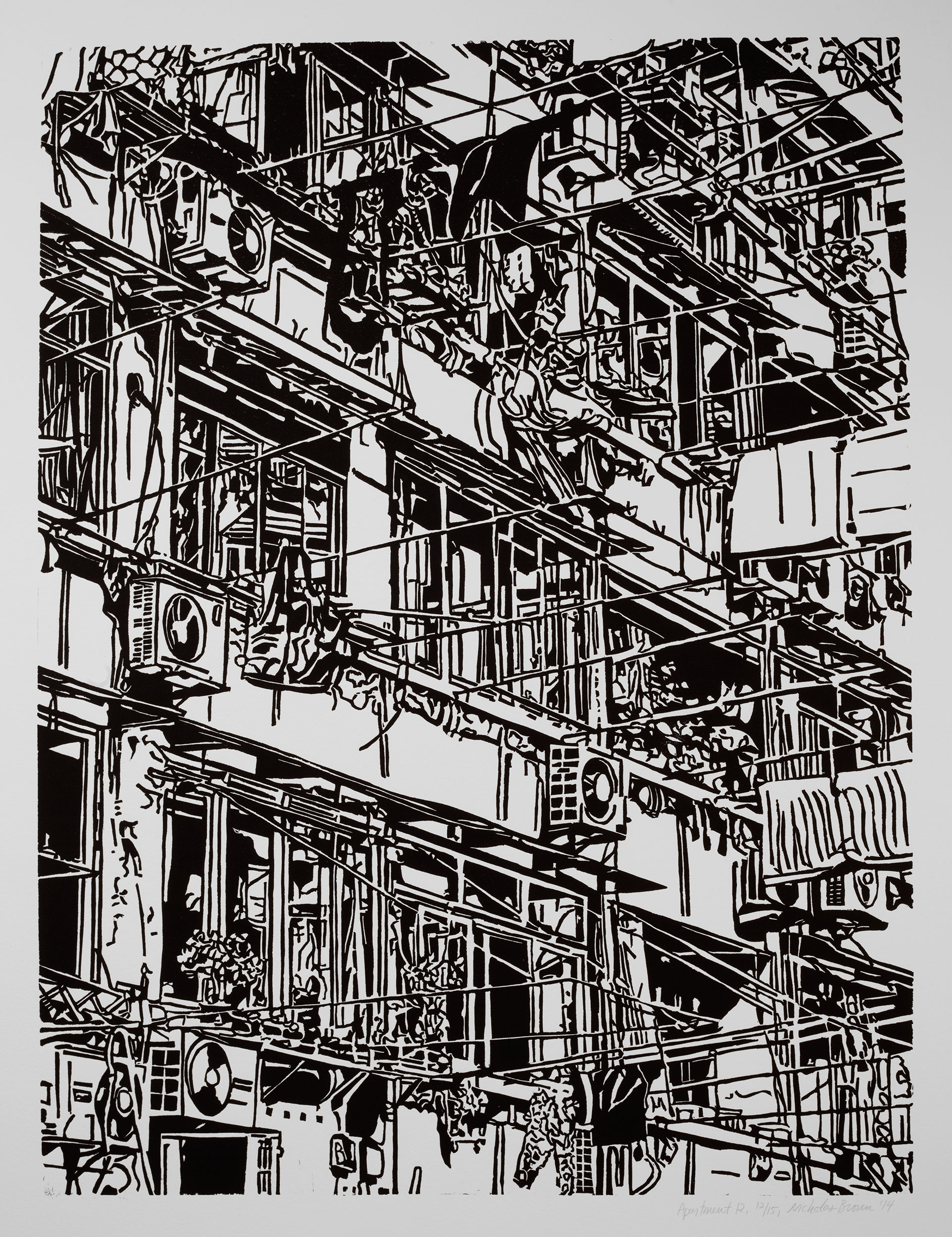 Apartment 12, a black and white linoleum block 
                print of an apartment building in Shanghai by artist Nicholas Brown.