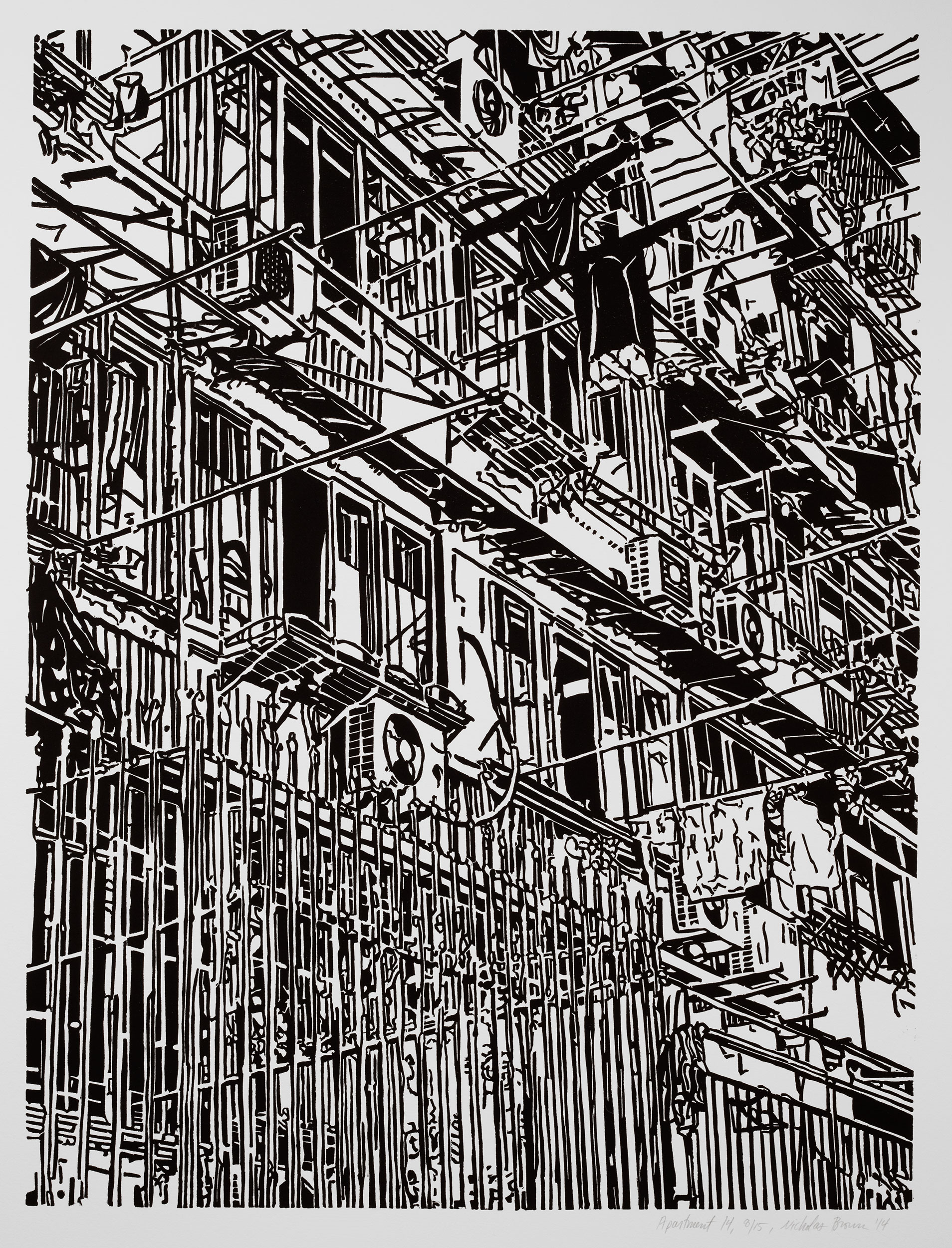 Apartment 14, a black and white linoleum block 
                print of an apartment building in Shanghai by artist Nicholas Brown.