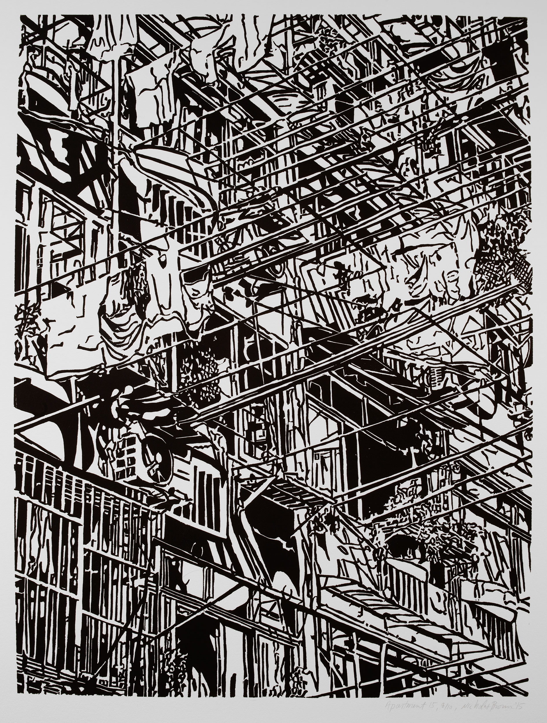 Apartment 15, a black and white linoleum block 
                print of an apartment building in Shanghai by artist Nicholas Brown.