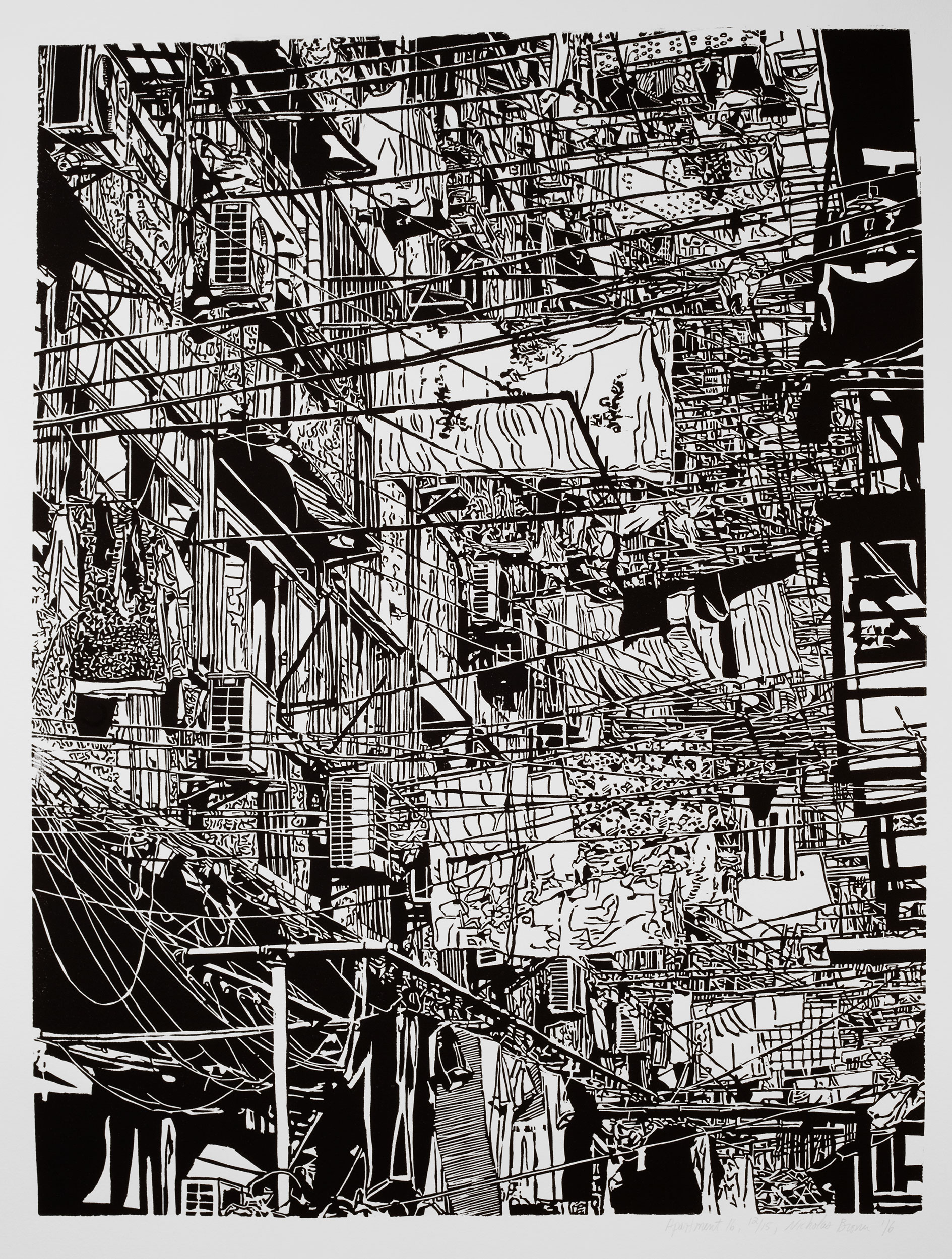Apartment 16, a black and white linoleum block 
                print of an apartment building in Shanghai by artist Nicholas Brown.