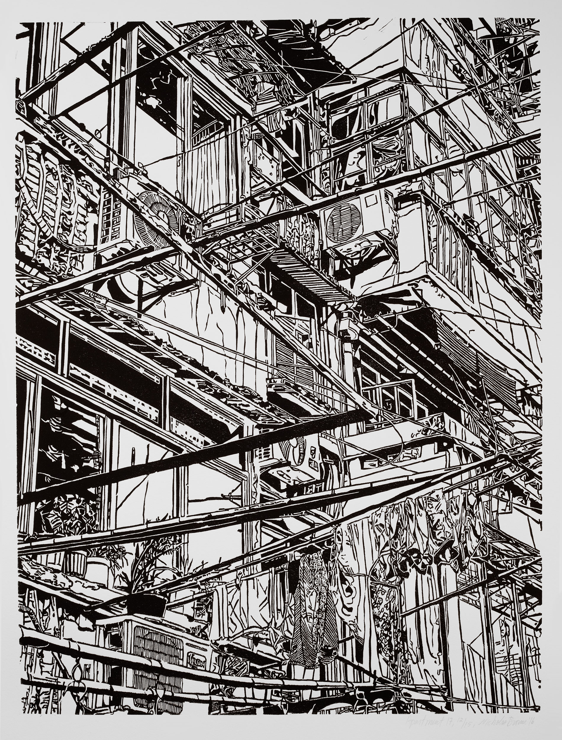 Apartment 17, a black and white linoleum block 
                print of an apartment building in Shanghai by artist Nicholas Brown.