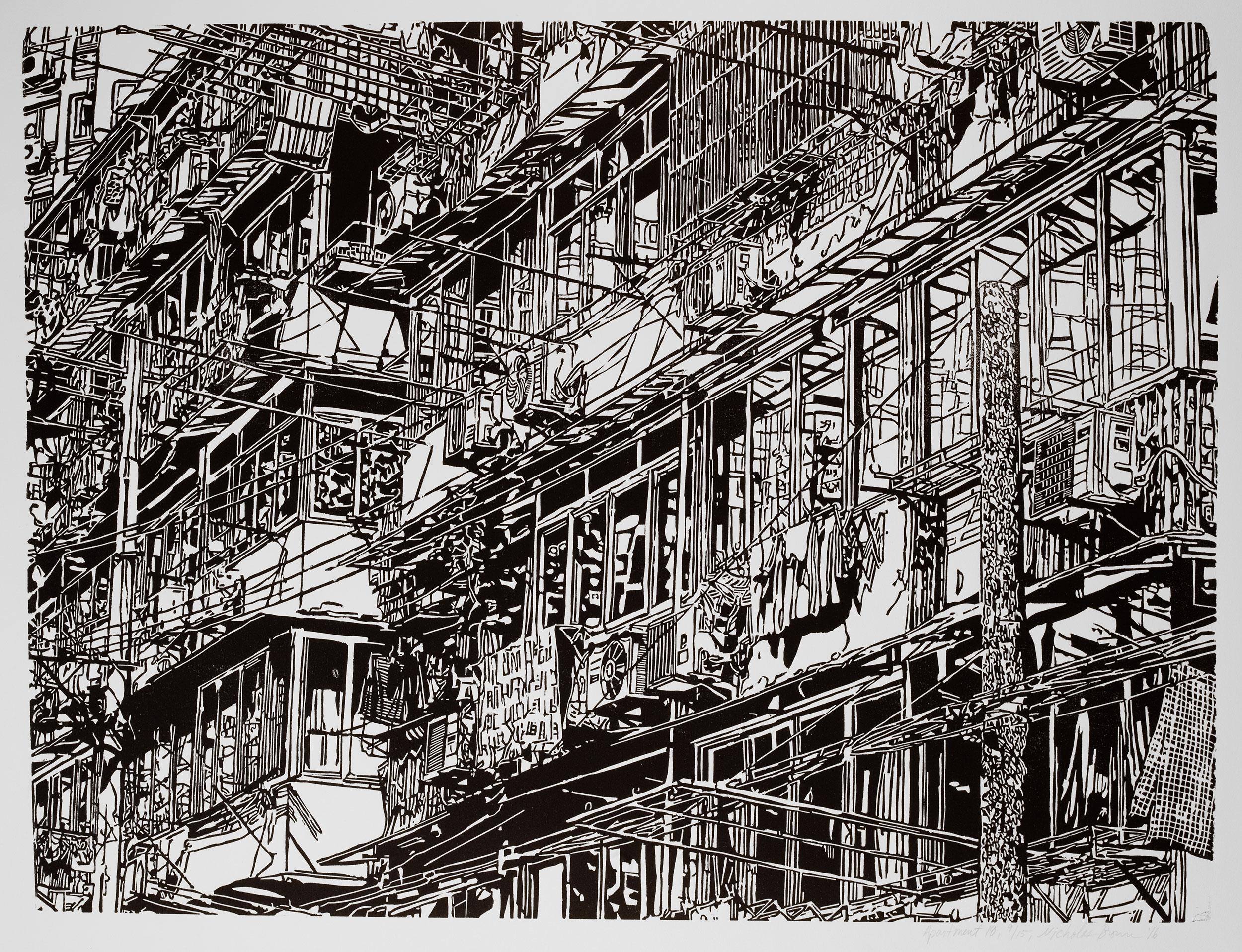 Apartment 18, a black and white linoleum block 
                print of an apartment building in Shanghai by artist Nicholas Brown.