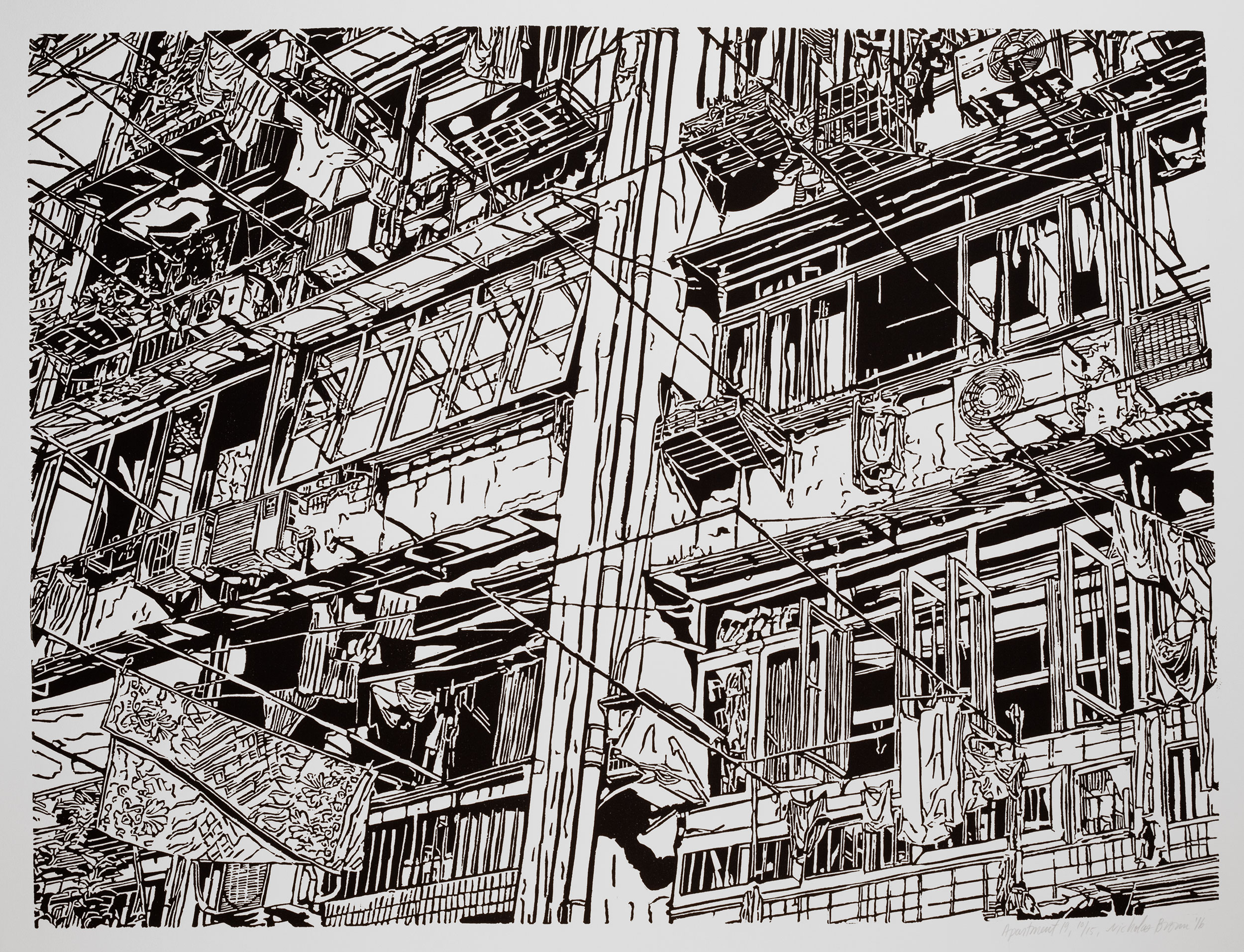 Apartment 29, a black and white linoleum block 
                print of an apartment building in Shanghai by artist Nicholas Brown.