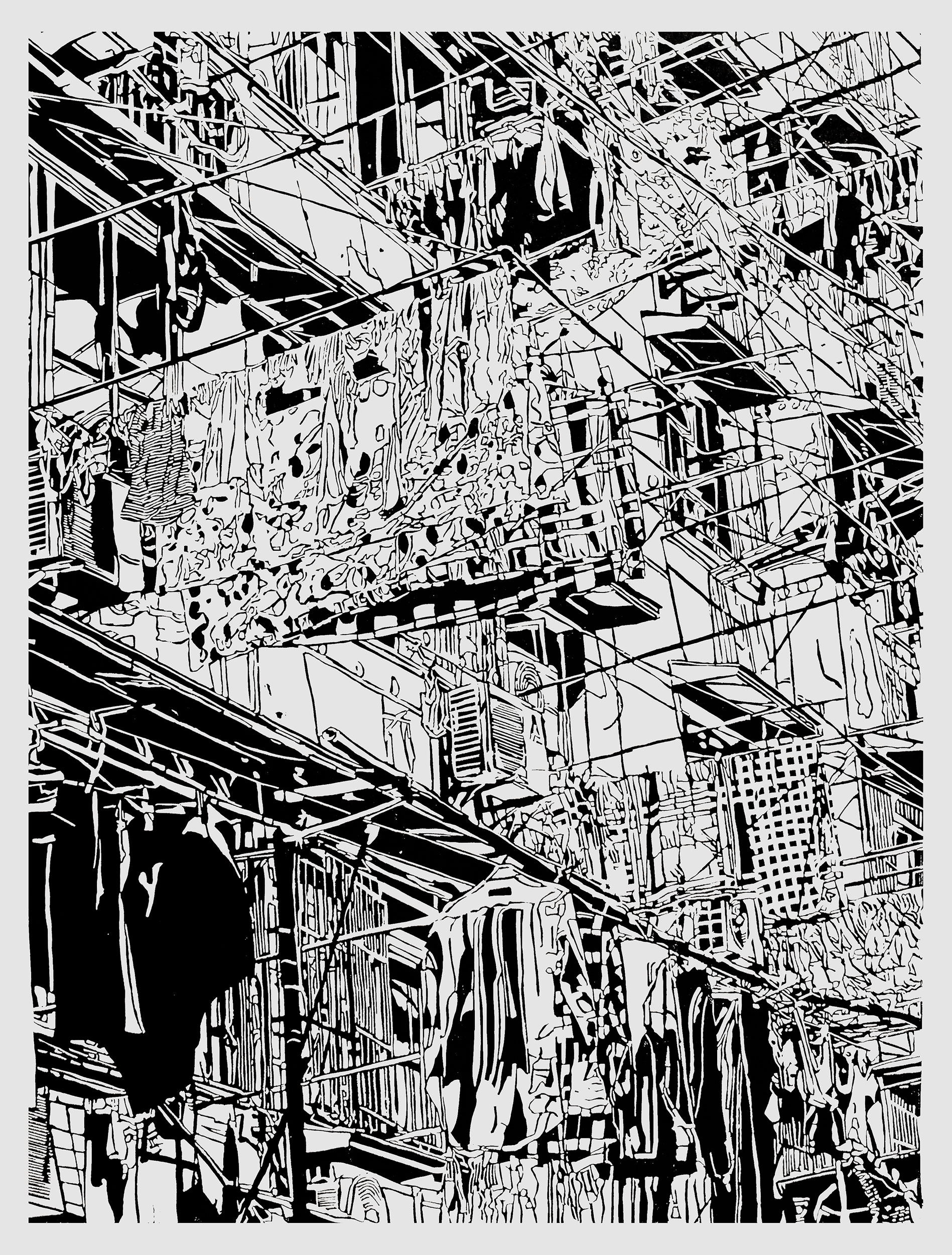 Apartment 20, a black and white linoleum block 
                print of an apartment building in Shanghai by artist Nicholas Brown.