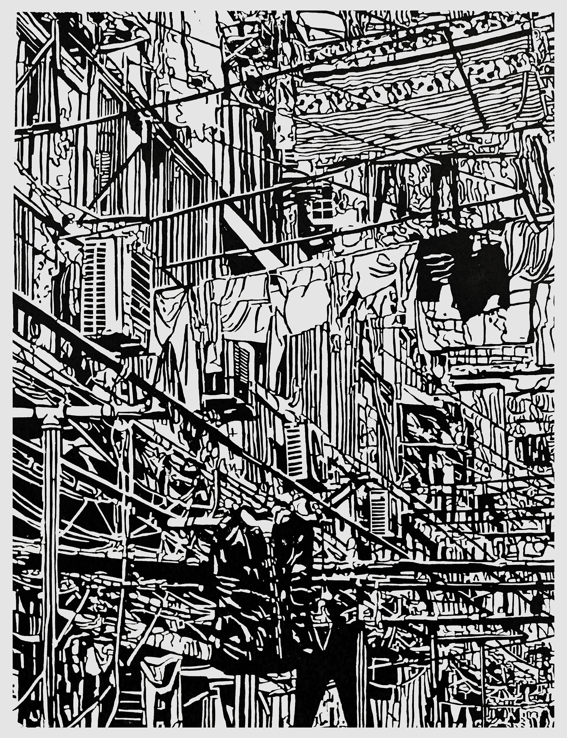 Apartment 21, a black and white linoleum block 
                print of an apartment building in Shanghai by artist Nicholas Brown.