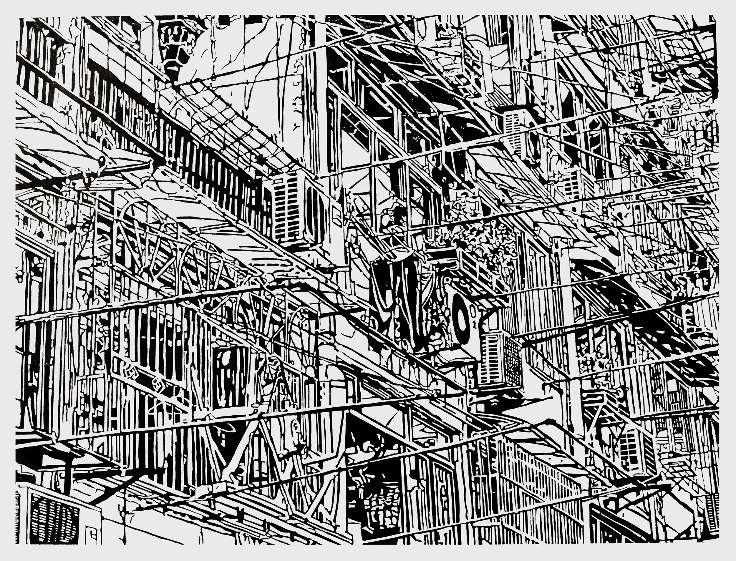 Apartment 22, a black and white linoleum block 
                                        print of an apartment building in Shanghai by artist Nicholas Brown.