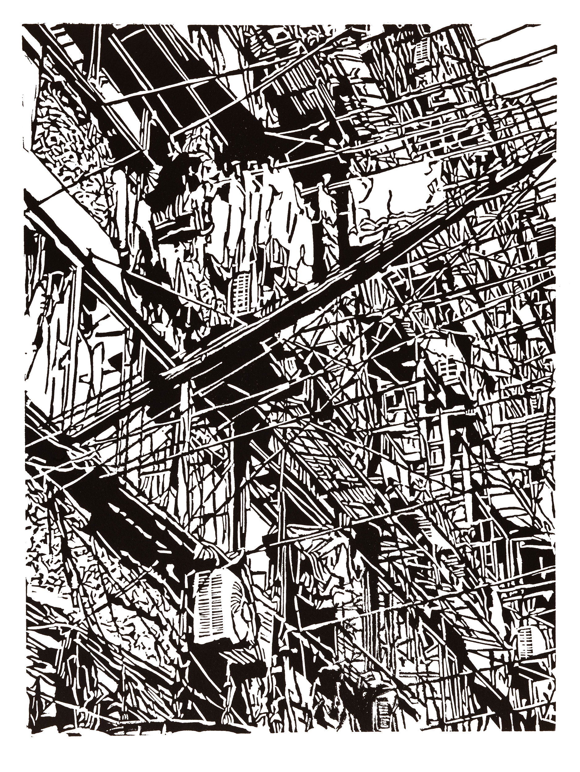 Apartment 29, a black and white linoleum block 
                print of an apartment building in Shanghai by artist Nicholas Brown.