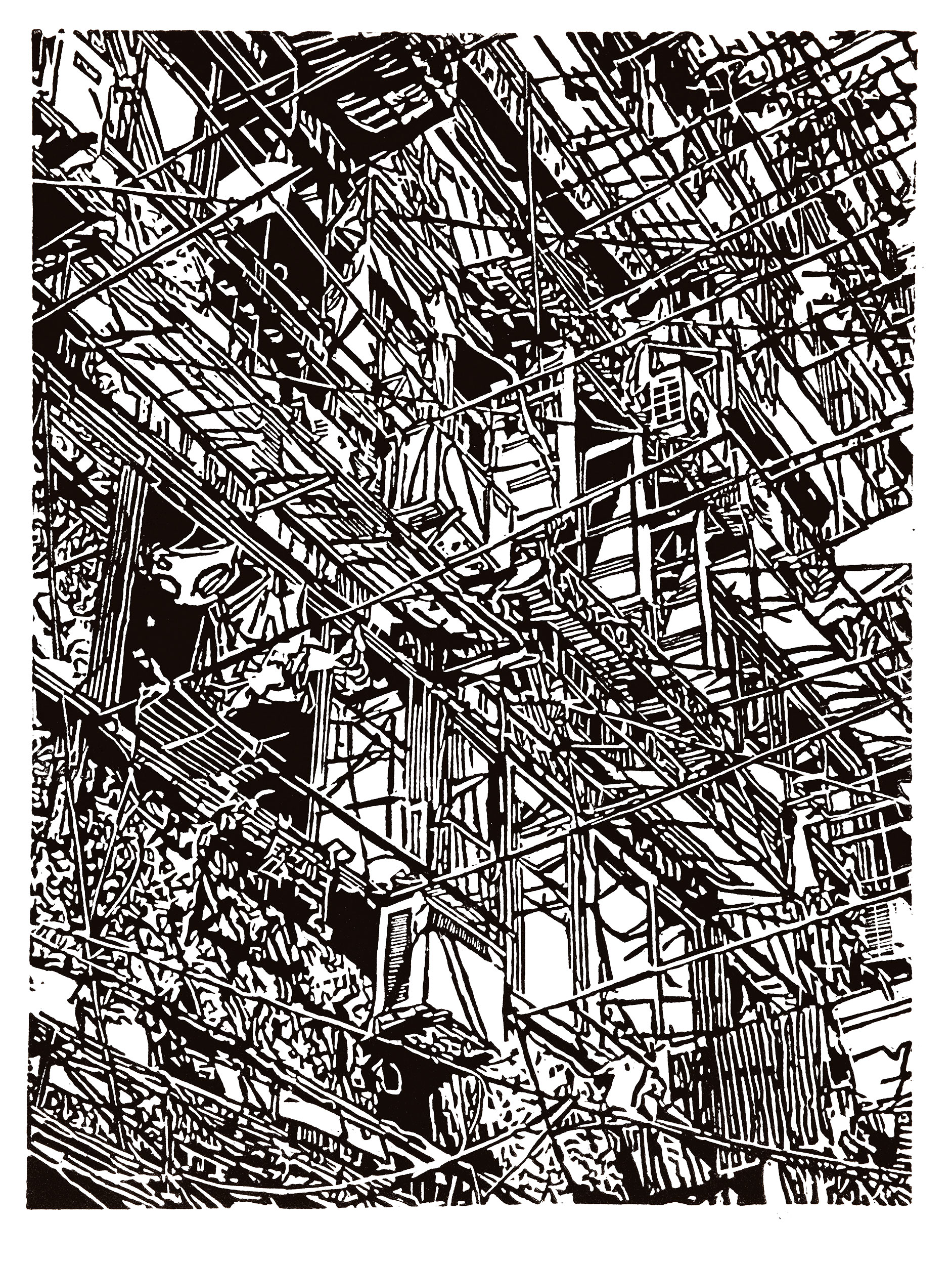 Apartment 30, a black and white linoleum block 
                print of an apartment building in Shanghai by artist Nicholas Brown.
