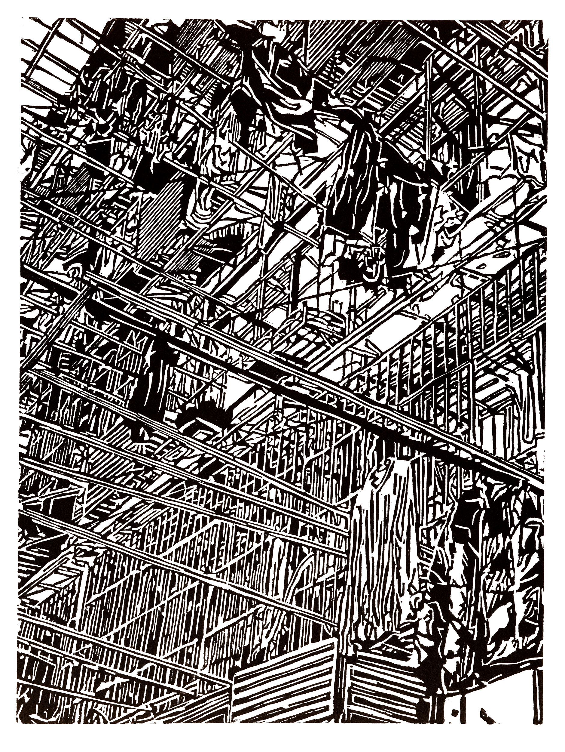 Apartment 31, a black and white linoleum block 
                print of an apartment building in Shanghai by artist Nicholas Brown.