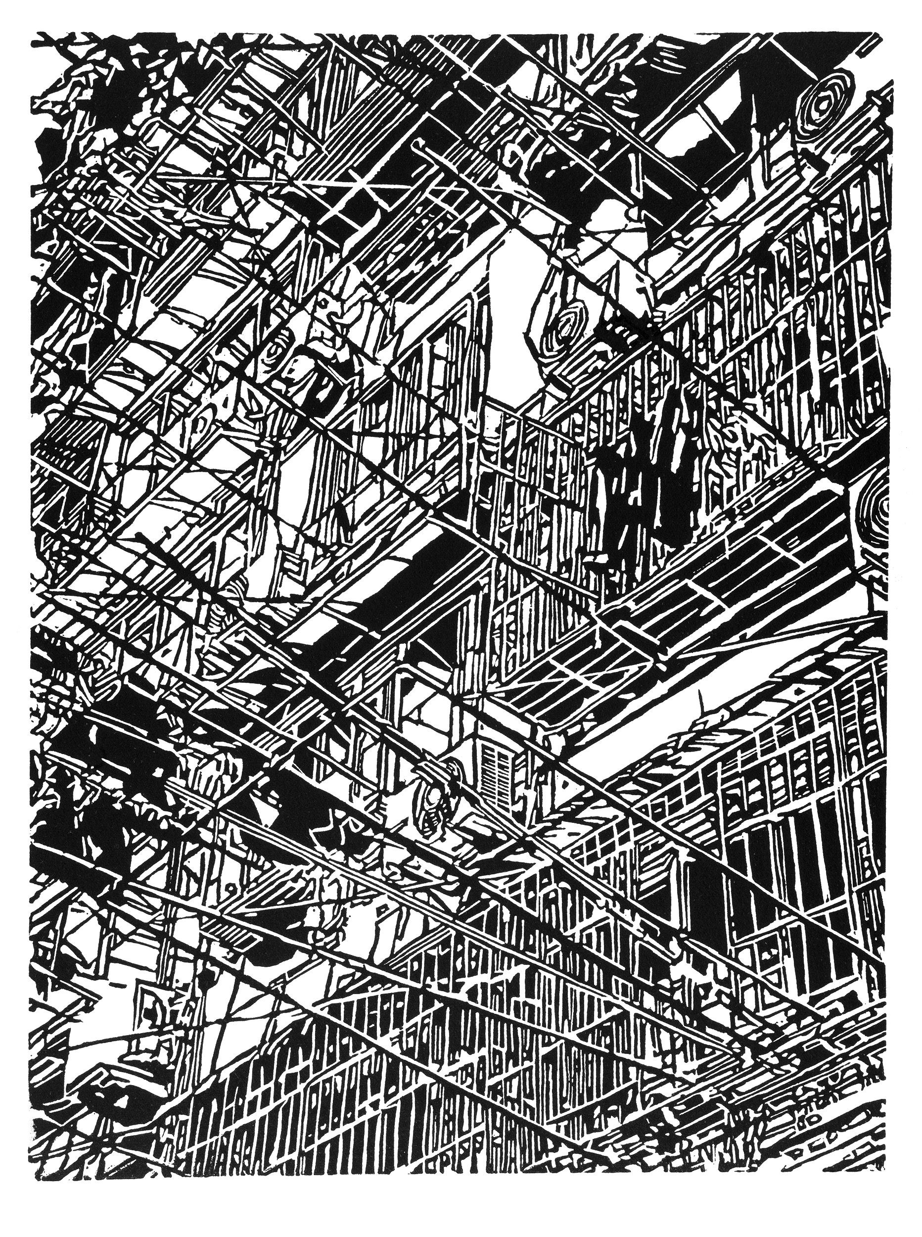 Apartment 32, a black and white linoleum block 
                print of an apartment building in Shanghai by artist Nicholas Brown.