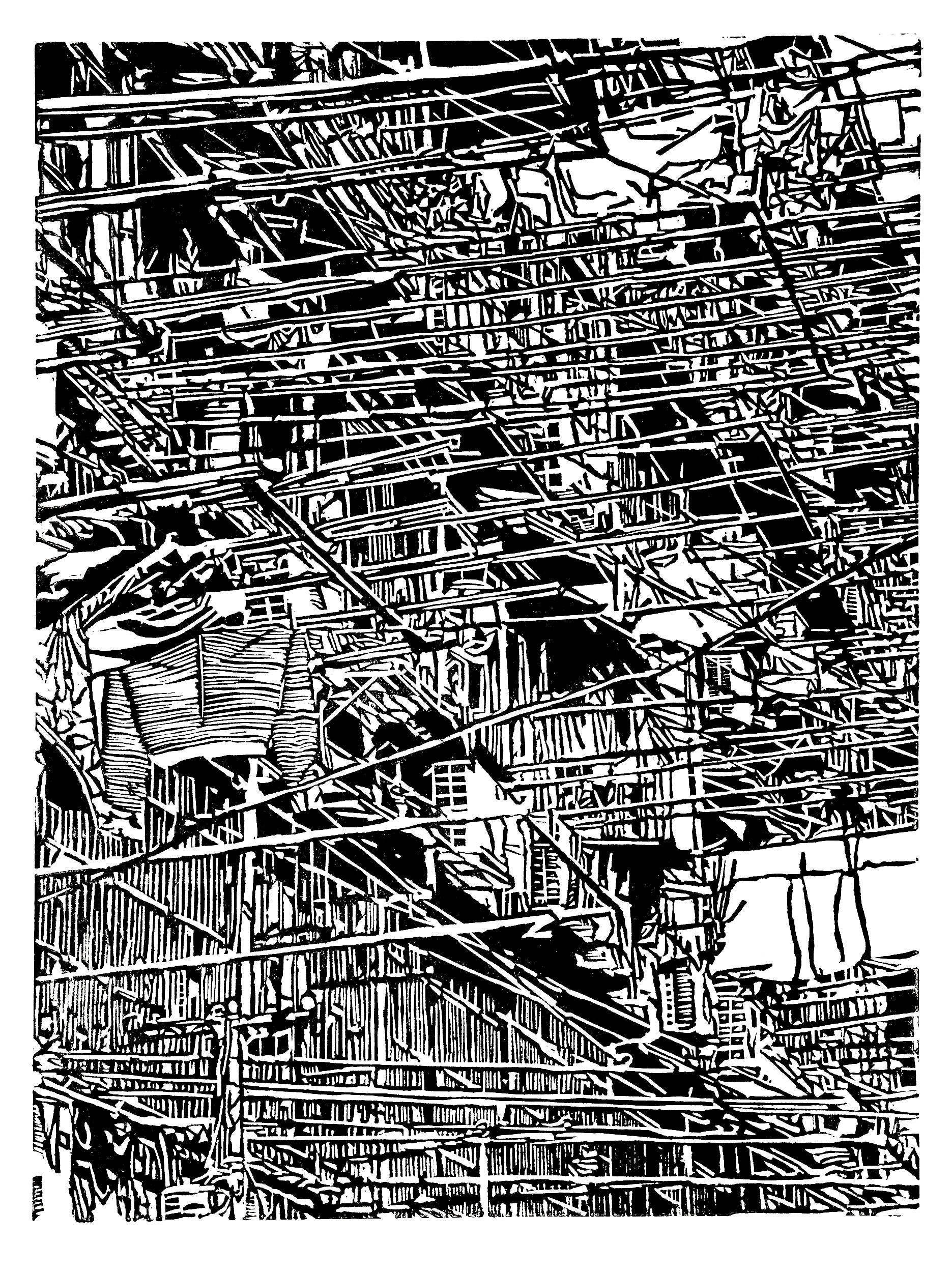 Apartment 33, a black and white linoleum block 
                print of an apartment building in Shanghai by artist Nicholas Brown.