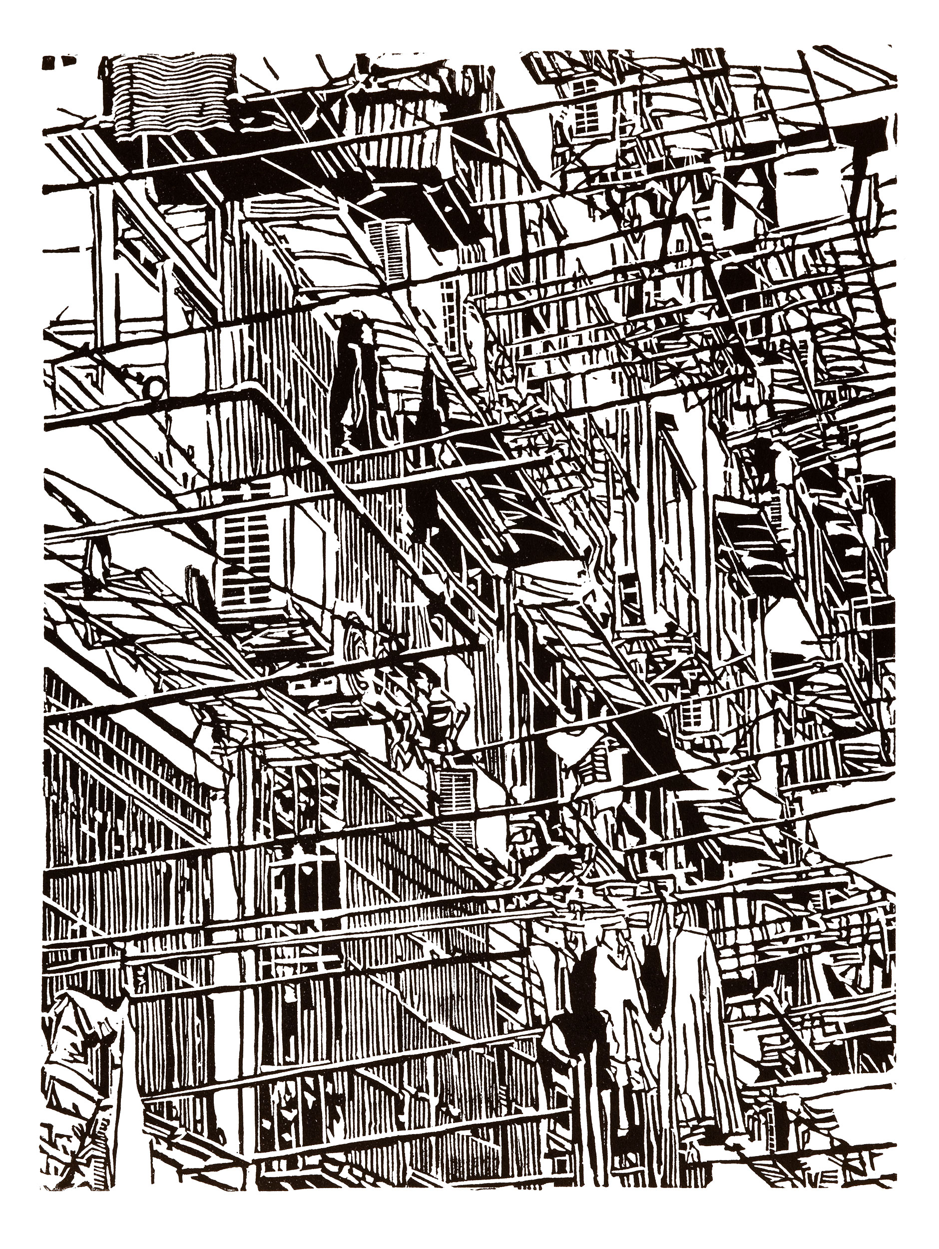 Apartment 35, a black and white linoleum block 
                print of an apartment building in Shanghai by artist Nicholas Brown.