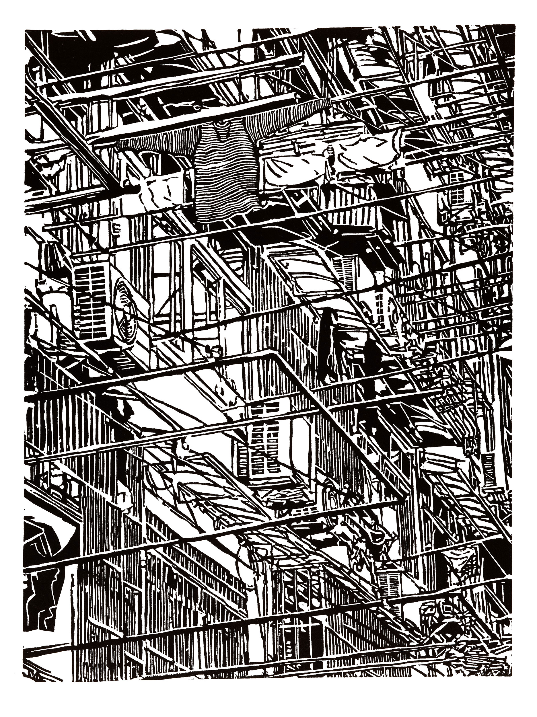 Apartment 36, a black and white linoleum block 
                print of an apartment building in Shanghai by artist Nicholas Brown.
