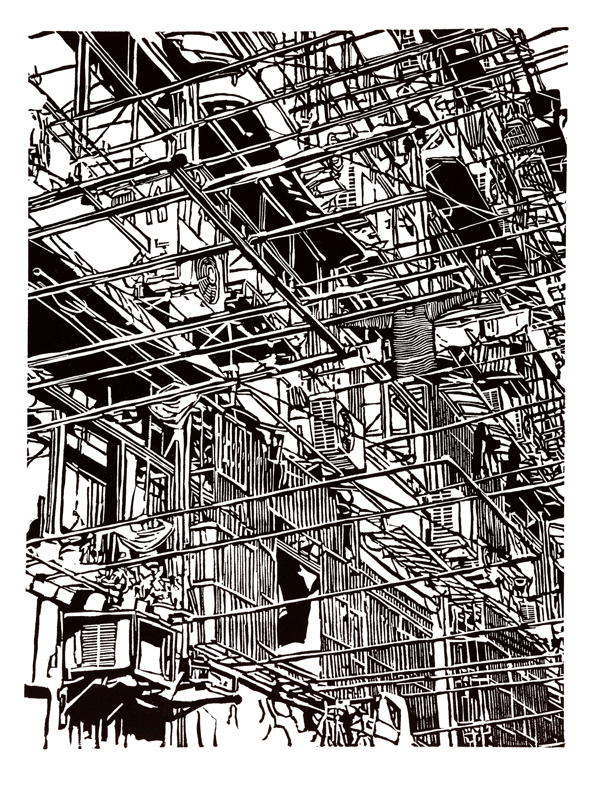 Apartment 37, a black and white linoleum block 
                print of an apartment building in Shanghai by artist Nicholas Brown.