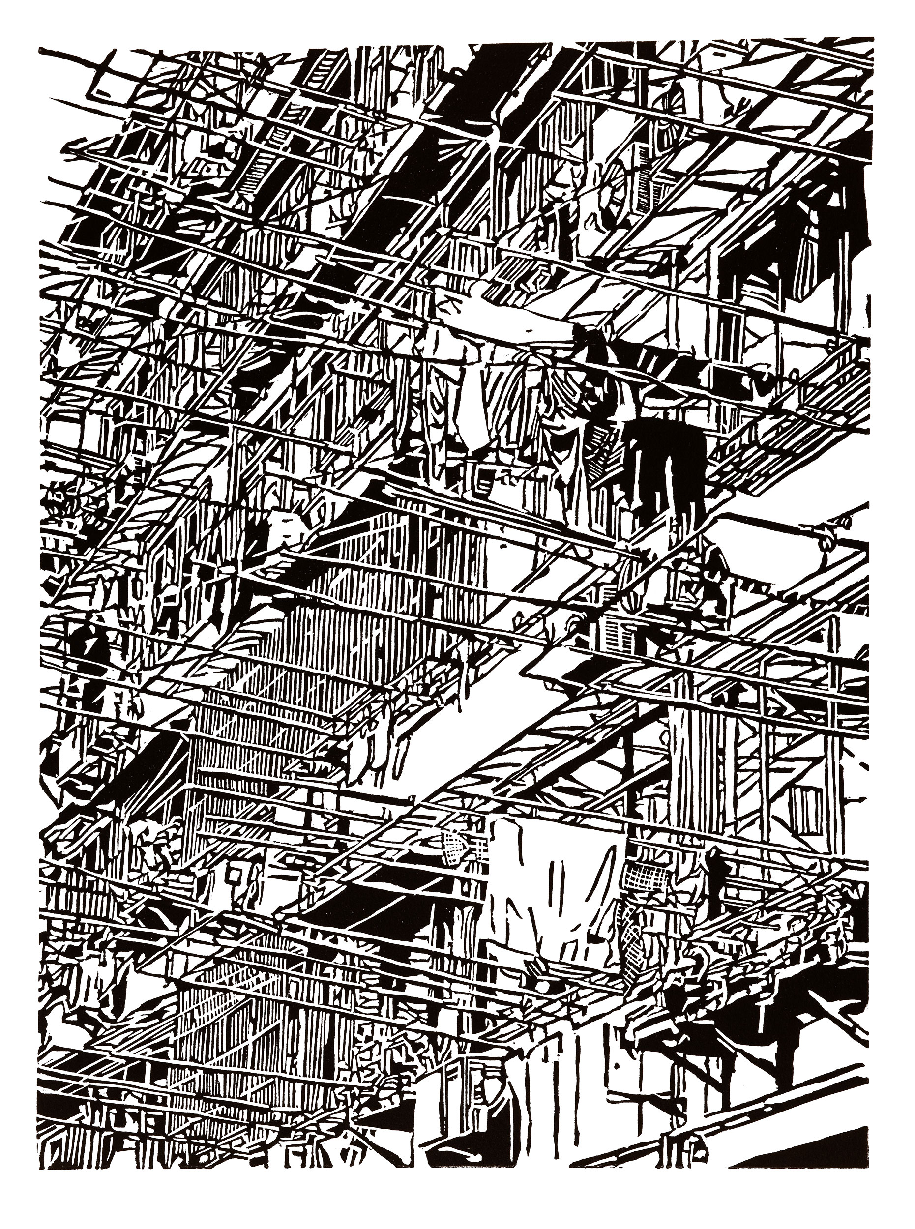 Apartment 38, a black and white linoleum block 
                print of an apartment building in Shanghai by artist Nicholas Brown.