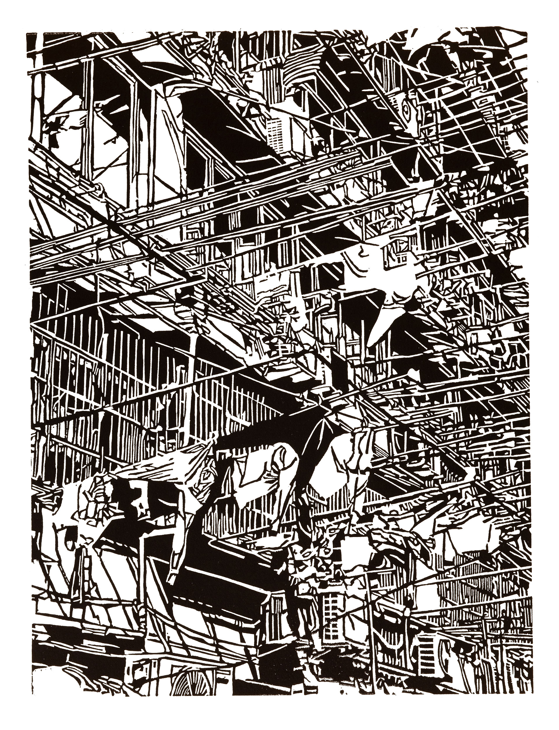 Apartment 39, a black and white linoleum block 
                print of an apartment building in Shanghai by artist Nicholas Brown.
