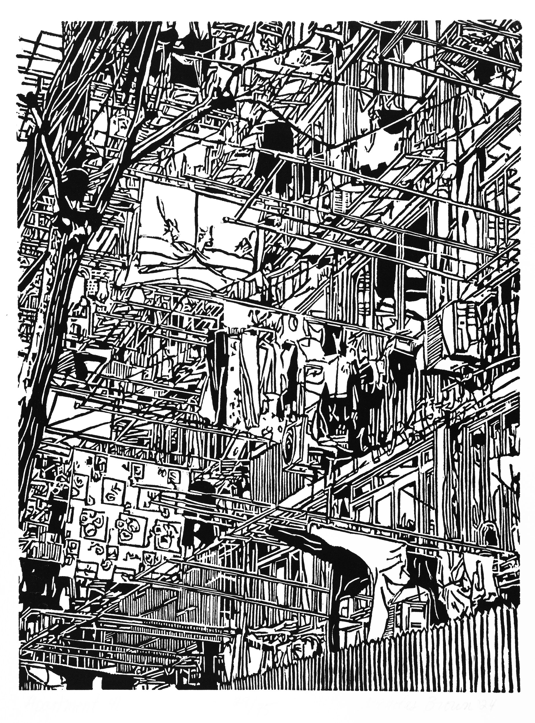 Apartment 41, a black and white linoleum block 
                print of an apartment building in Shanghai by artist Nicholas Brown.