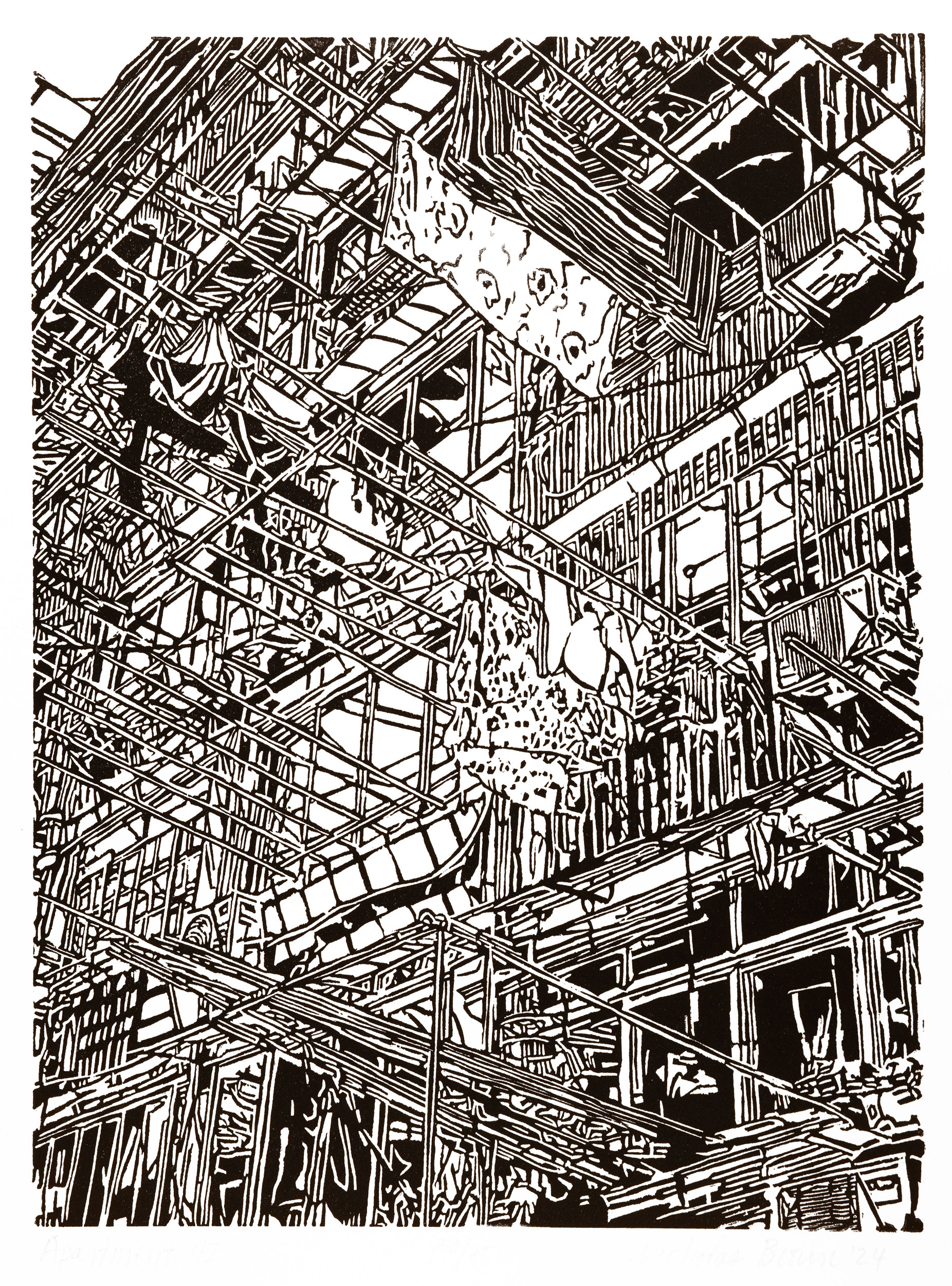 Apartment 42, a black and white linoleum block 
                print of an apartment building in Shanghai by artist Nicholas Brown.