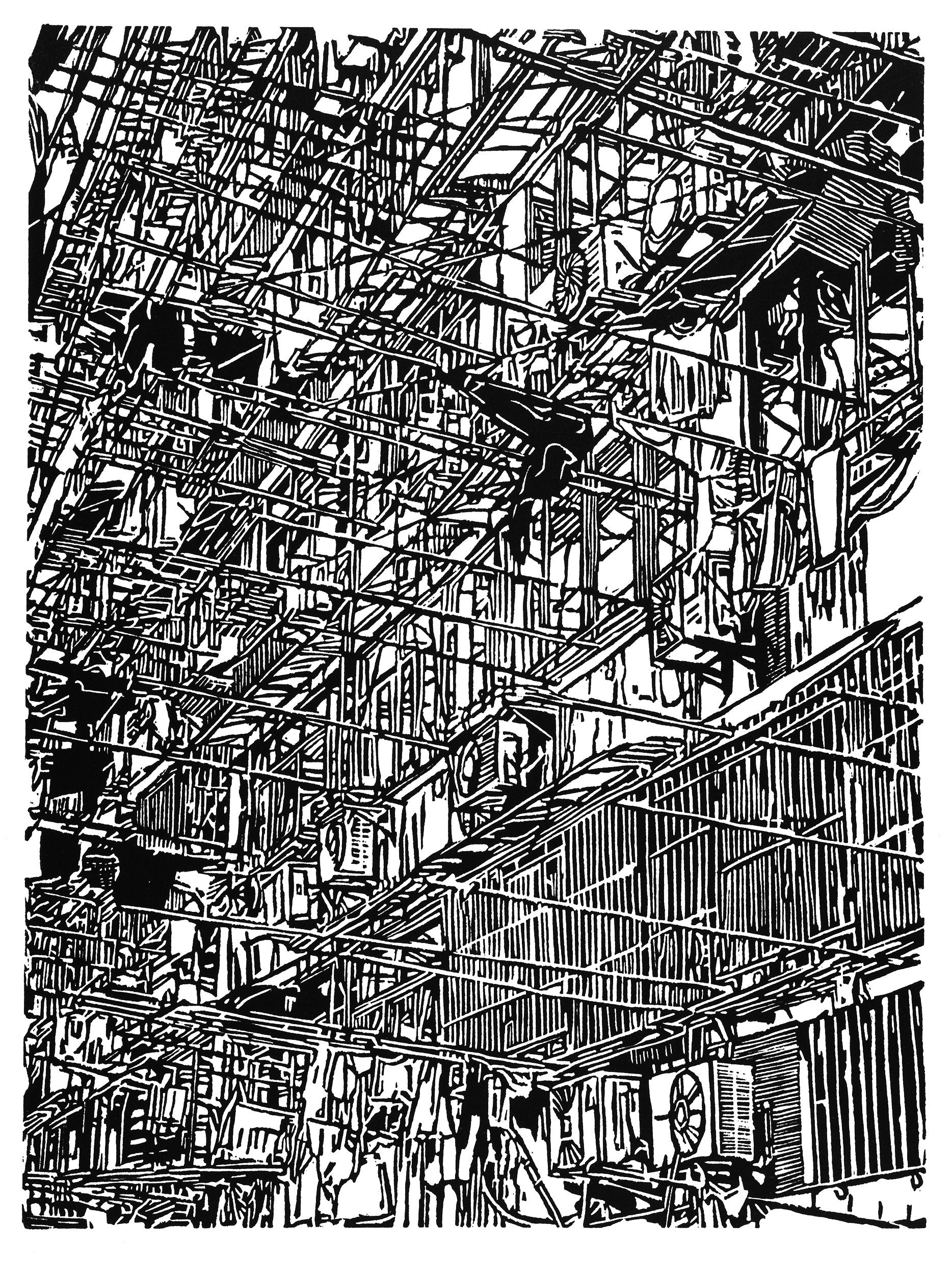 Apartment 44, a black and white linoleum block 
                print of an apartment building in Shanghai by artist Nicholas Brown.