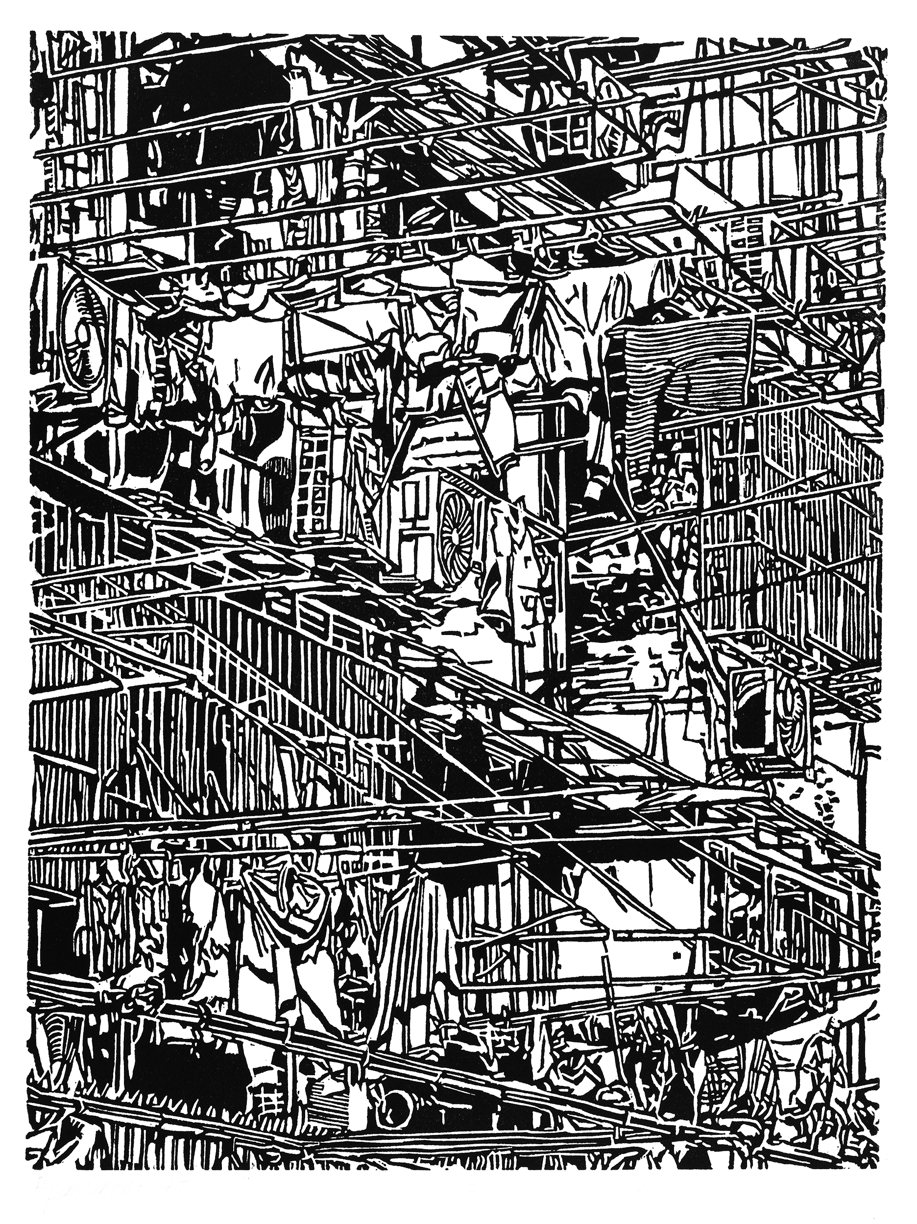 Apartment 45, a black and white linoleum block 
                print of an apartment building in Shanghai by artist Nicholas Brown.