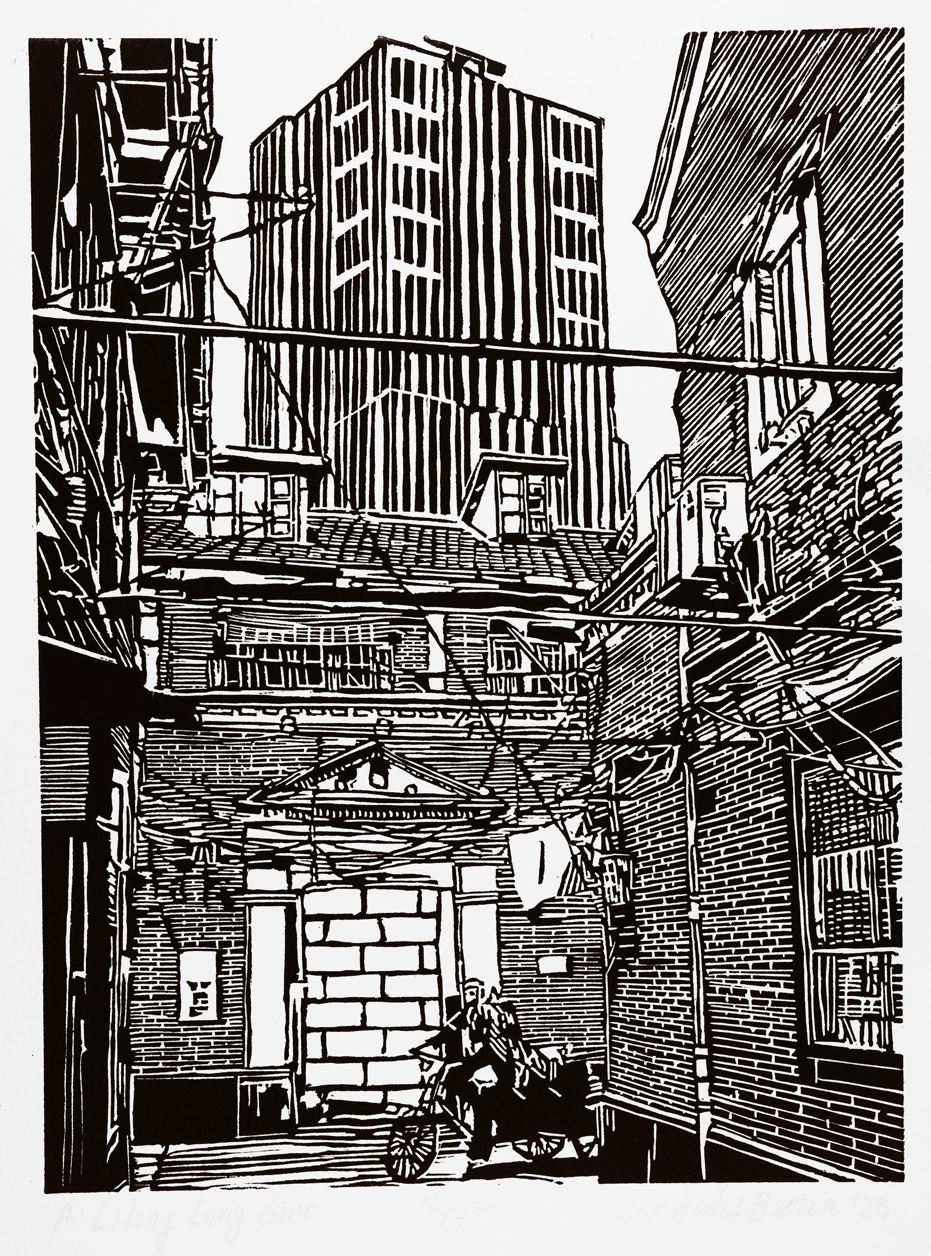 A Lilong Long Gone, a black and white linoleum block 
                print of a scene inside a Shikumen neighborhood in Shanghai by artist Nicholas Brown.