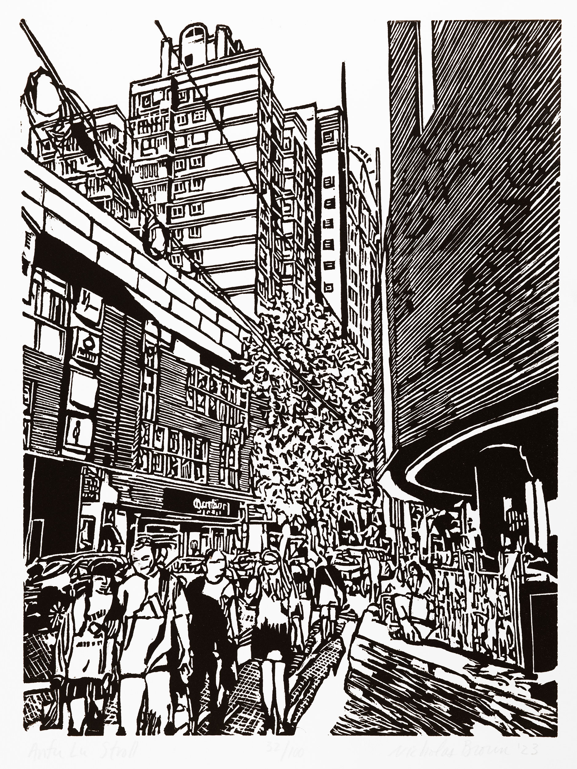 Anfu Lu Stroll, a black and white linoleum block 
                print of a scene on Anfu Road in Shanghai by artist Nicholas Brown.