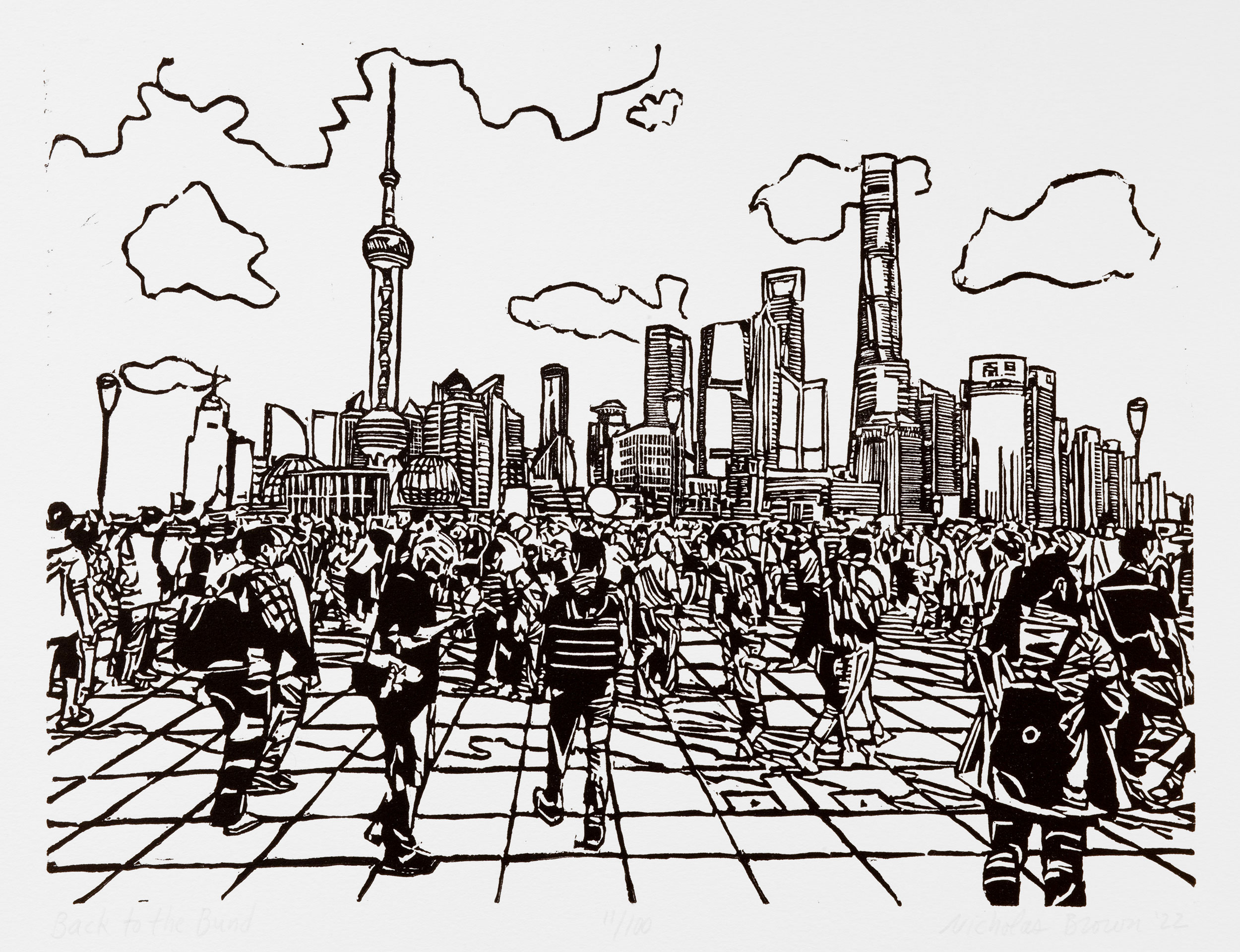 Back to the Bund, a black and white linoleum block
print of a scene on the Bund with the Pudong skyline in the background in Shanghai by artist Nicholas Brown.