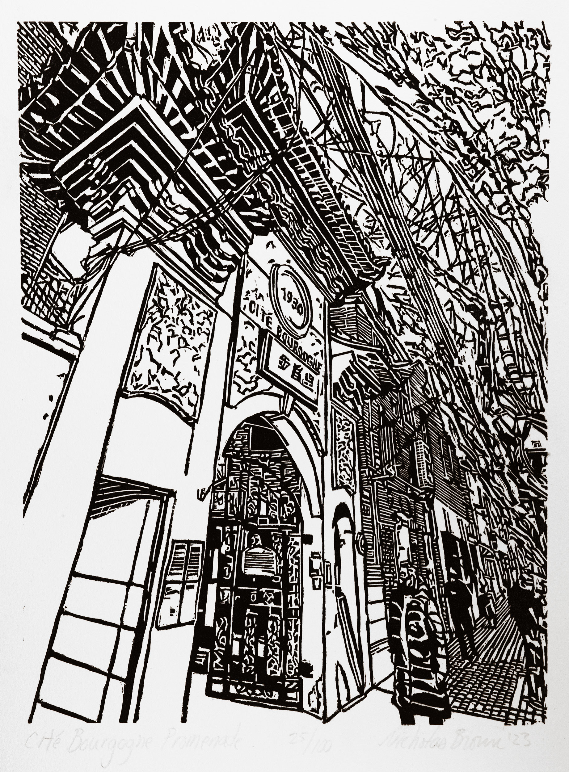 Cité Bourgogne, a black and white linoleum block
print depicting the front gate of the Cité Bourgogne neighborhood in Shanghai by artist Nicholas Brown.
