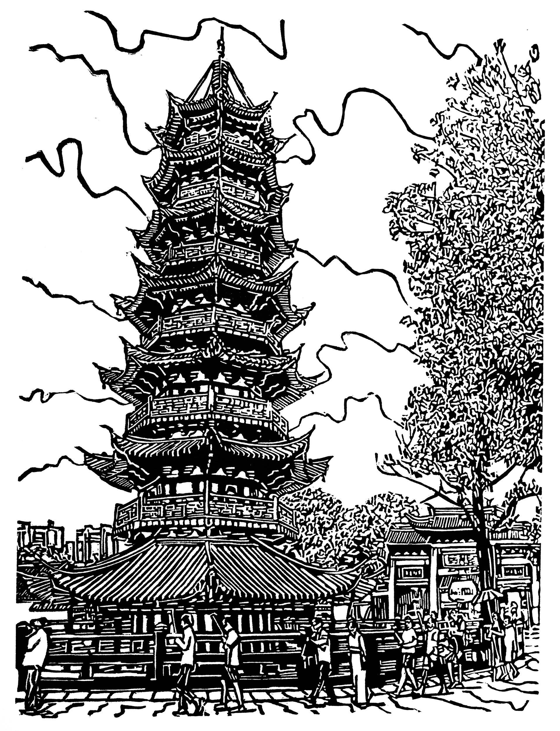 Longhua Pagoda, a black and white linoleum block
print depicting the pagoda at Longhua Temple in Shanghai by artist Nicholas Brown.