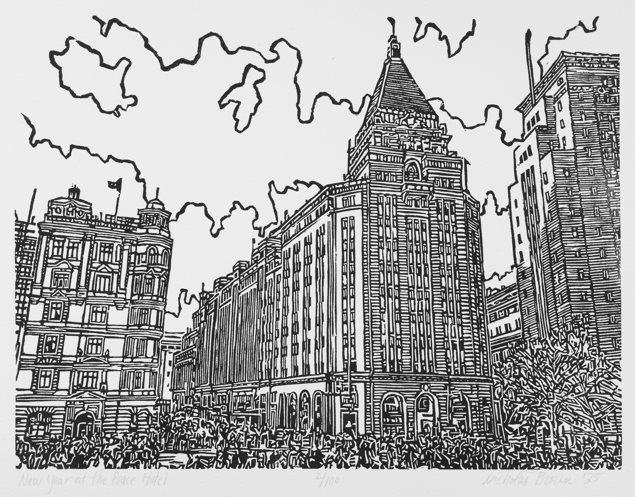 New Year at the Peace Hotel, a black and white linoleum block 
                print depicting the Peace Hotel and Swatch Art Hotel on the Bund in Shanghai by artist Nicholas Brown.