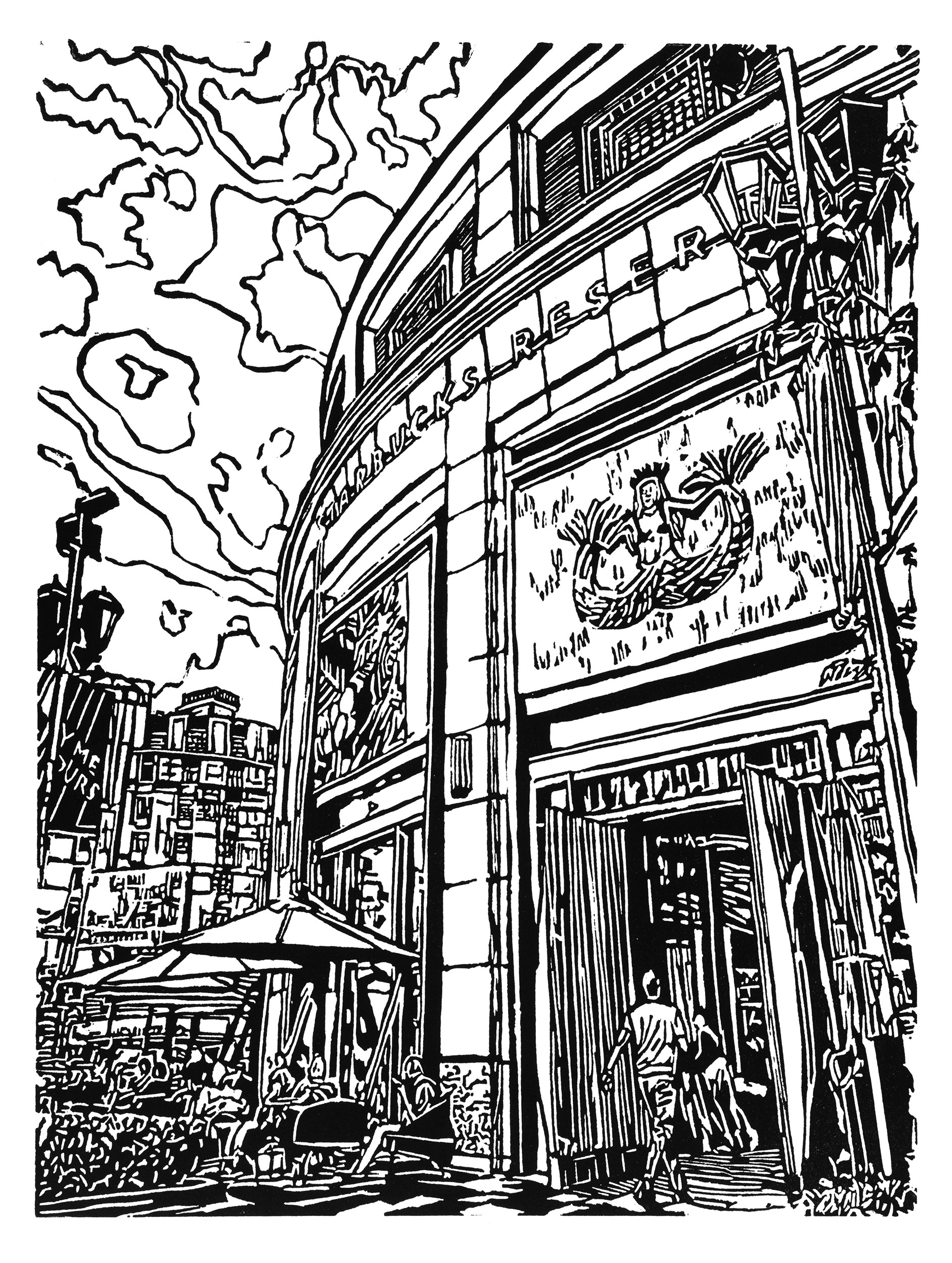 Shanghai Starbucks Roastery, a black and white linoleum block
print of the Starbucks Roastery in Shanghai by artist Nicholas Brown.