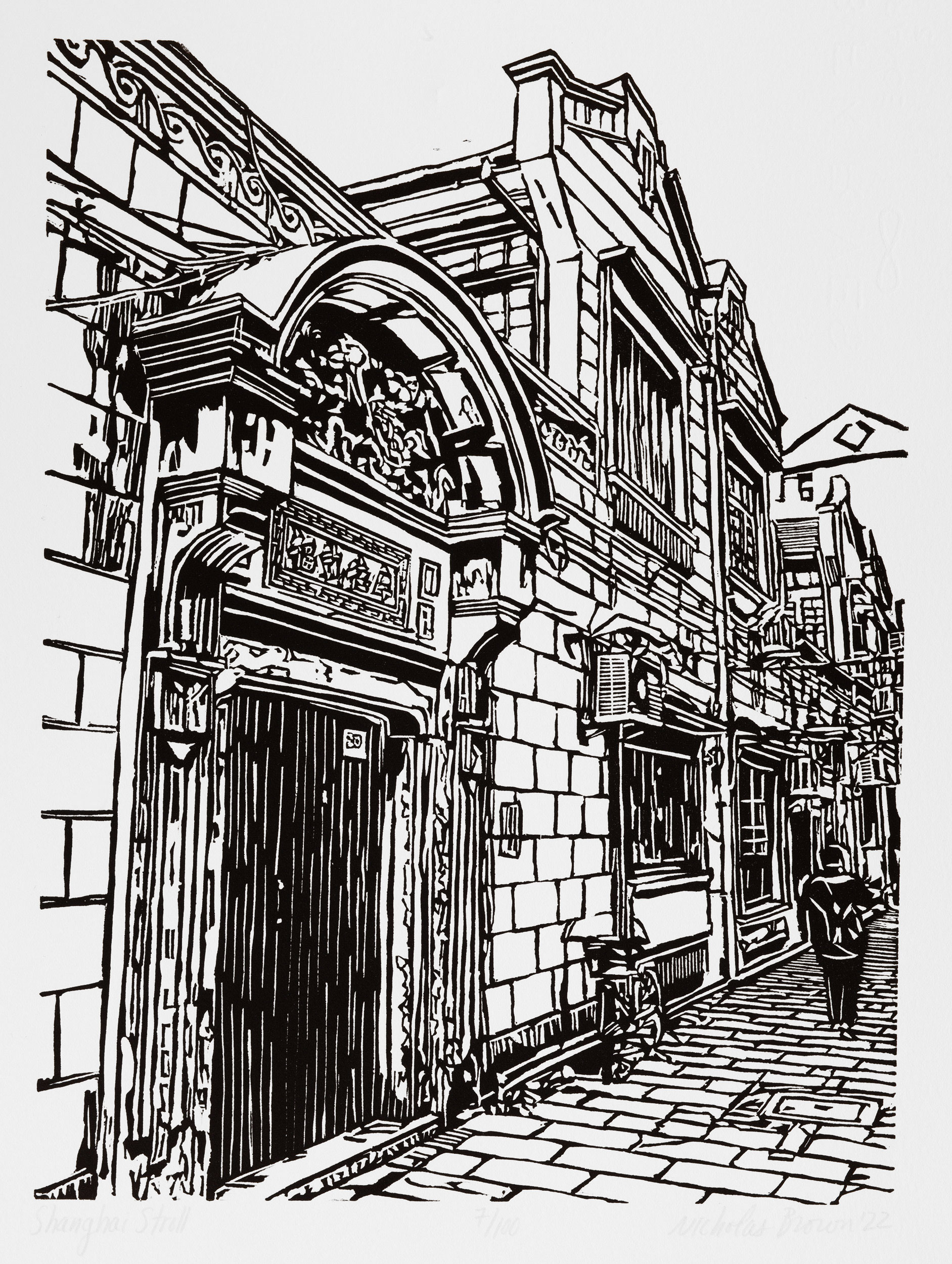 Shanghai Stroll, a black and white linoleum block 
                print of a scene inside a shikumen neighborhood in Shanghai by artist Nicholas Brown.