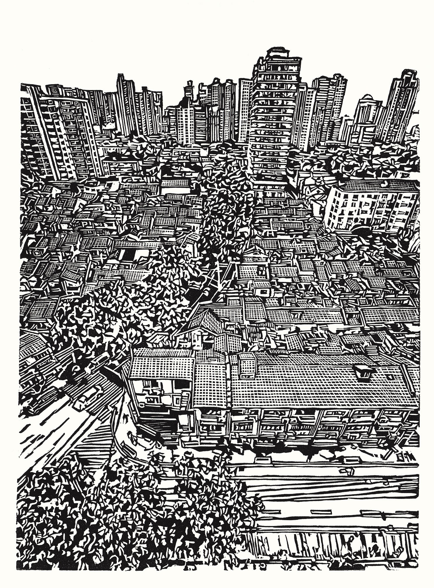 View Over Yongkang, a black and white linoleum block 
                print depicting the view from the Ming Yuan apartments looking south over Yongkang road in Shanghai by artist Nicholas Brown.