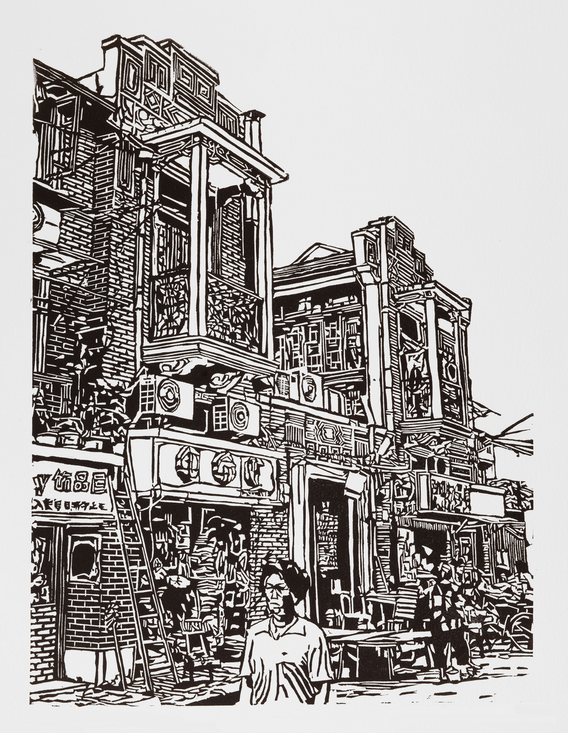 Wenmiao Lu Shikumen, a black and white linoleum block 
                print depicting a shikumen house on Wenmiao Road in Shanghai by artist Nicholas Brown.