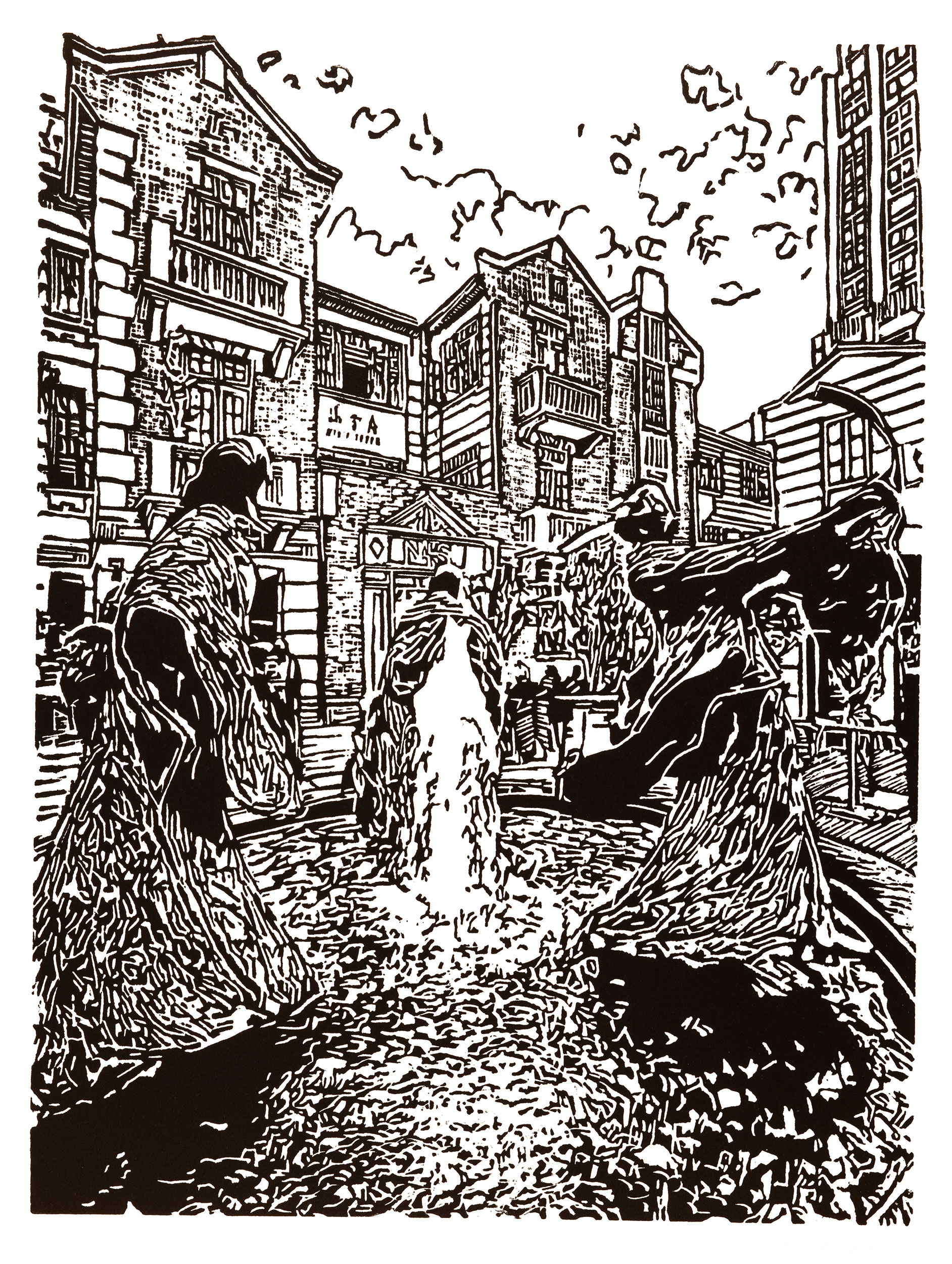 Wisdom Longevity & Prosperity, a black and white linoleum block
print of the fountain in Xiantindi in Shanghai by artist Nicholas Brown.