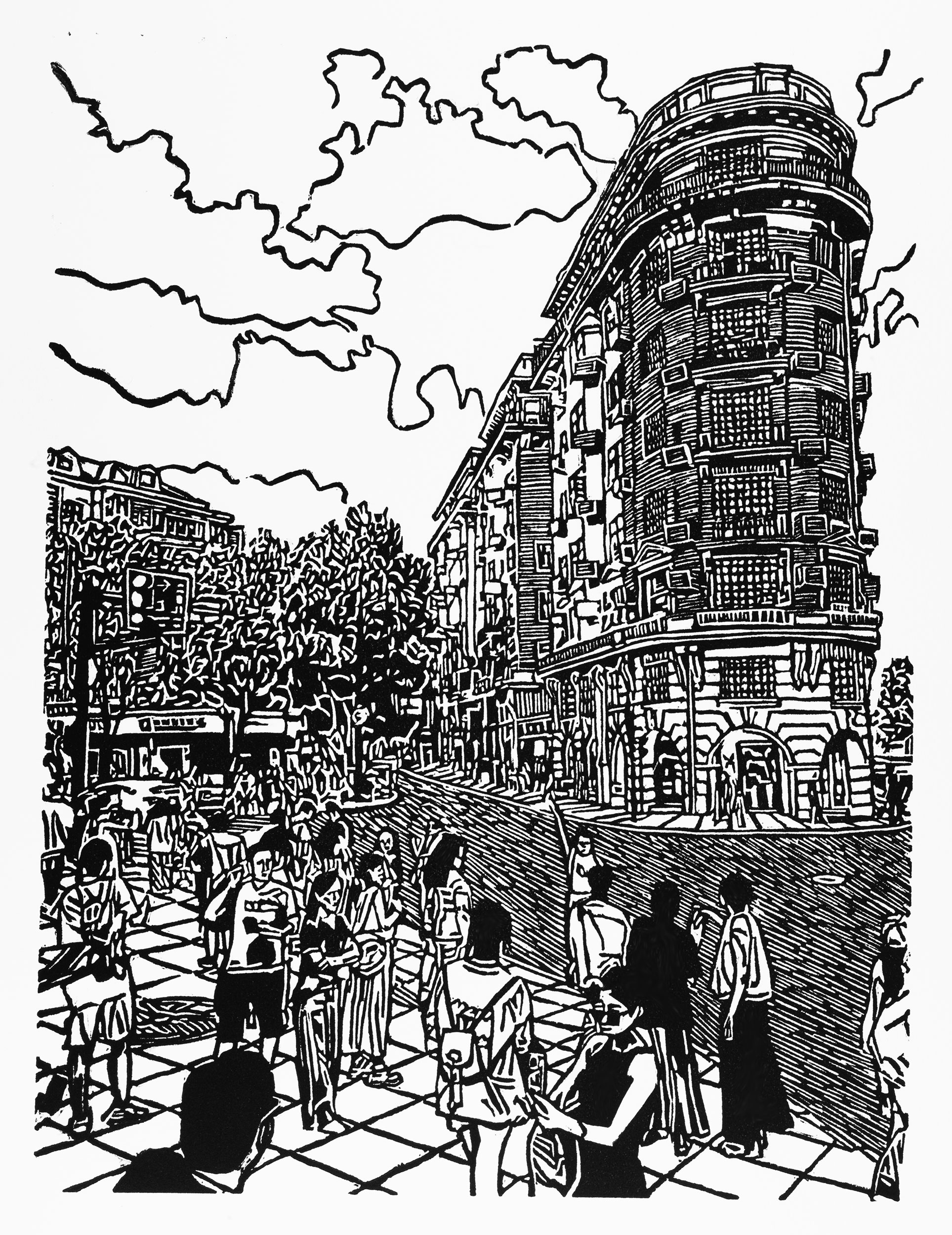 Wukang Moments, a black and white linoleum block
print of a scene in front of the Wukang Mansion / Normandie Apartments in Shanghai by artist Nicholas Brown.