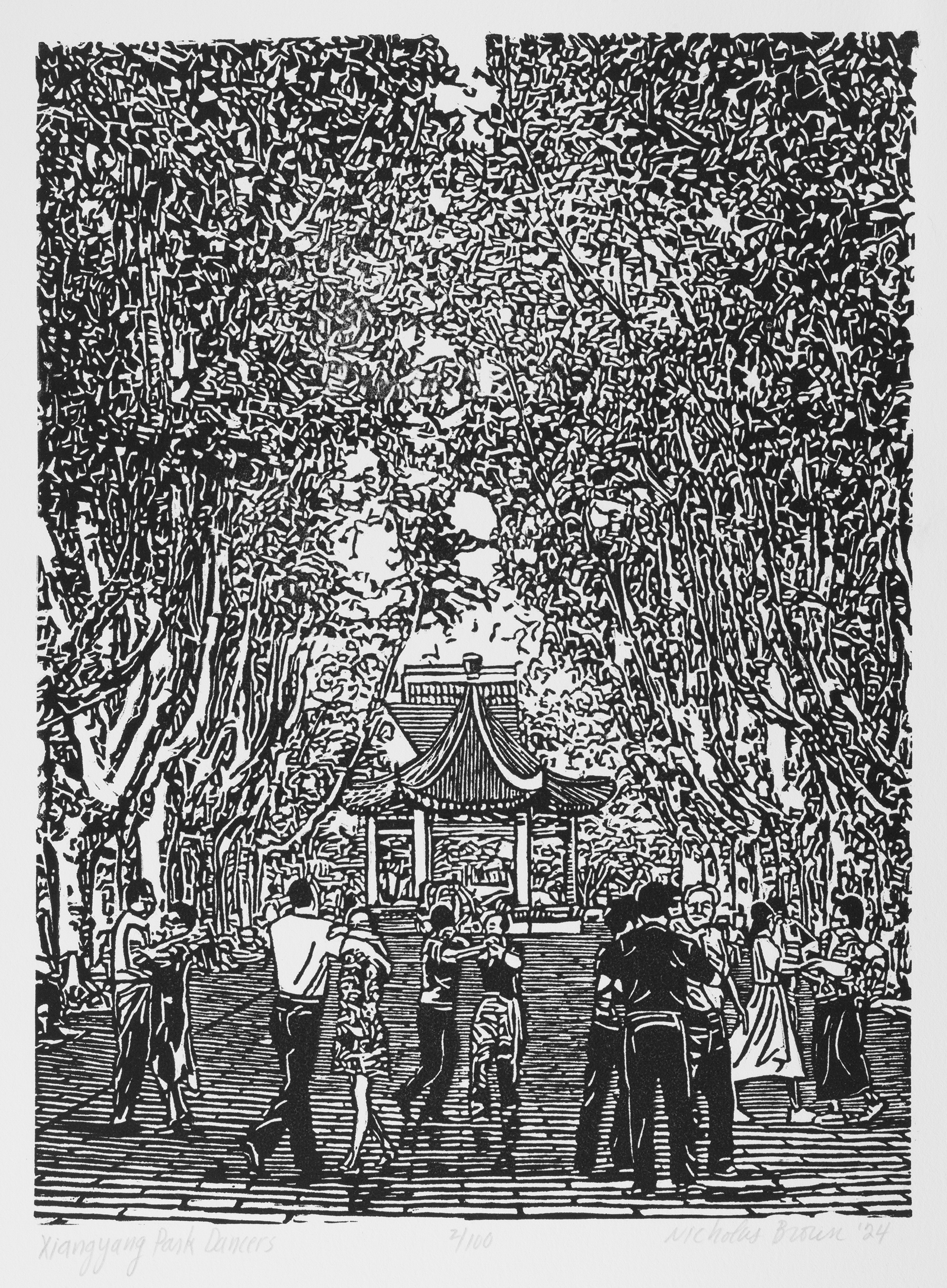 Xiangyang Park Dancers, a black and white linoleum block 
                print of a group of evening dancers in Xiangyang Park in Shanghai by artist Nicholas Brown.