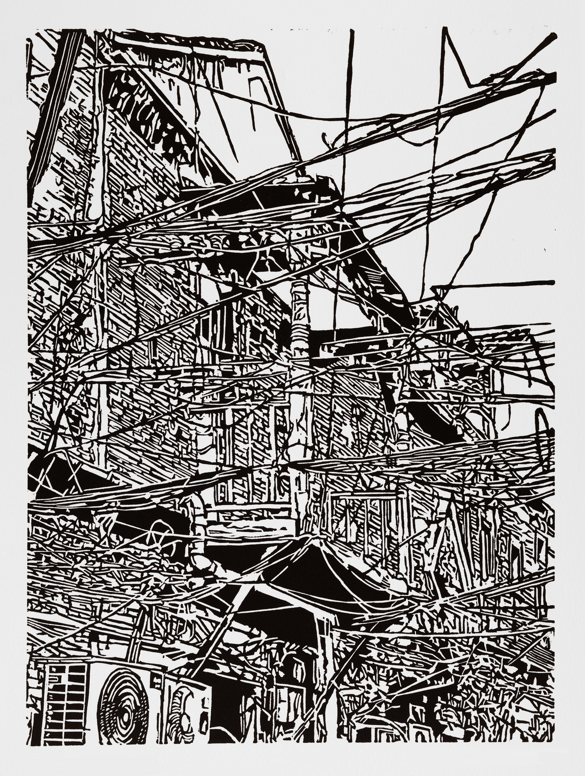 Xima Jie, a black and white linoleum block 
                print depicting a shikumen building with a small balcony on Xima Street in Shanghai by artist Nicholas Brown.