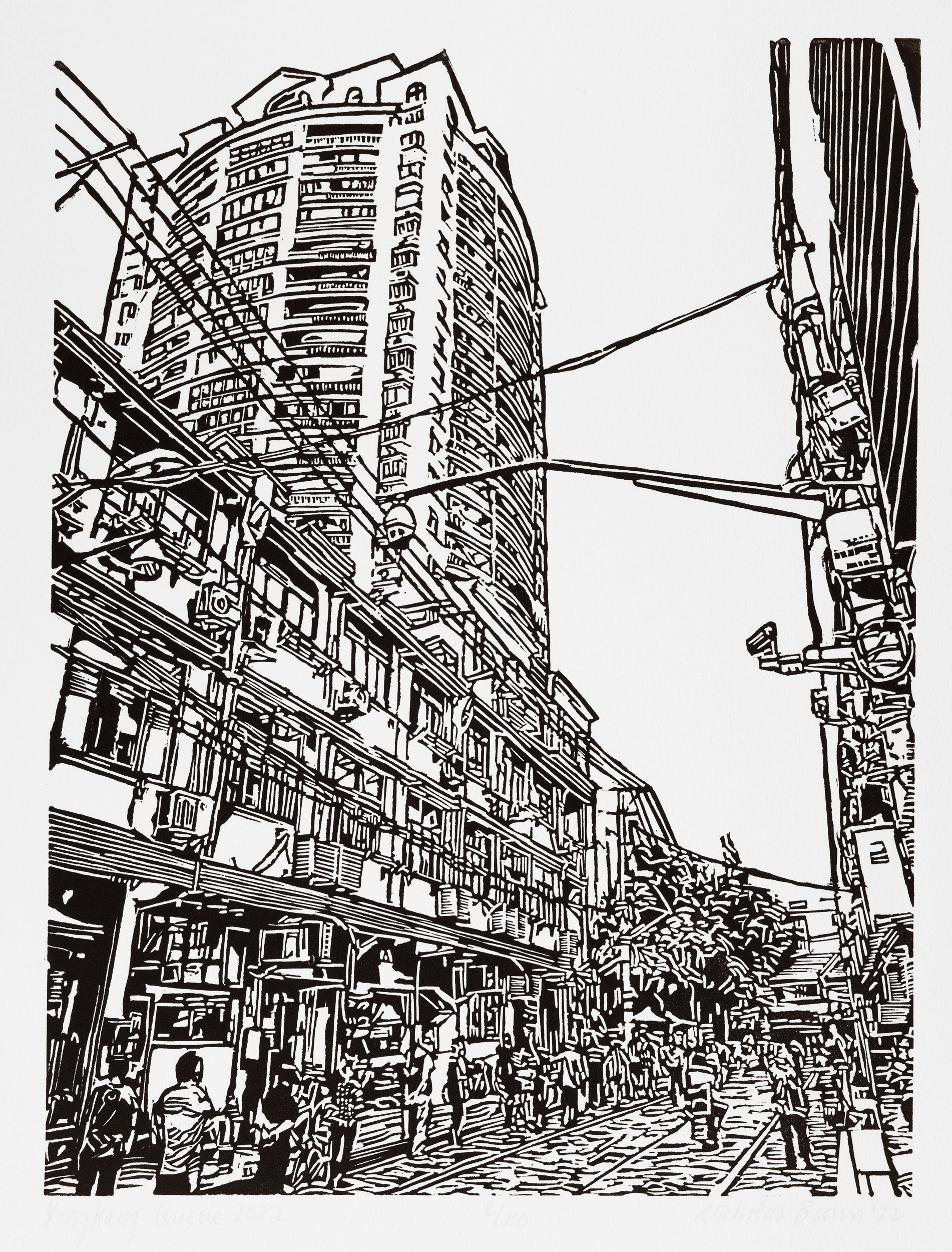 Yongkang Queue 2022, a black and white linoleum block 
                print depicting waiting in line for their covid test on Yongkang Road during the pandemic in Shanghai by artist Nicholas Brown.
