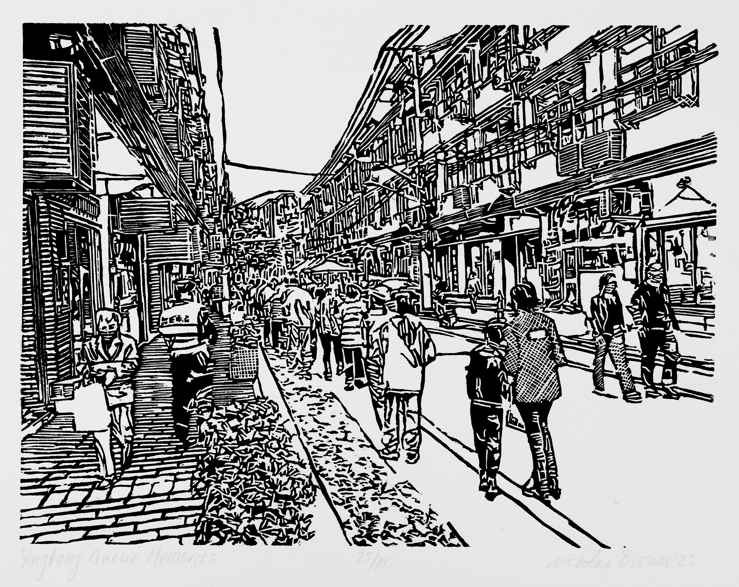 Yongkang Queue Memories, a black and white linoleum block 
                print of the scene on Yongkang Road in Shanghai during the pandemic by artist Nicholas Brown.