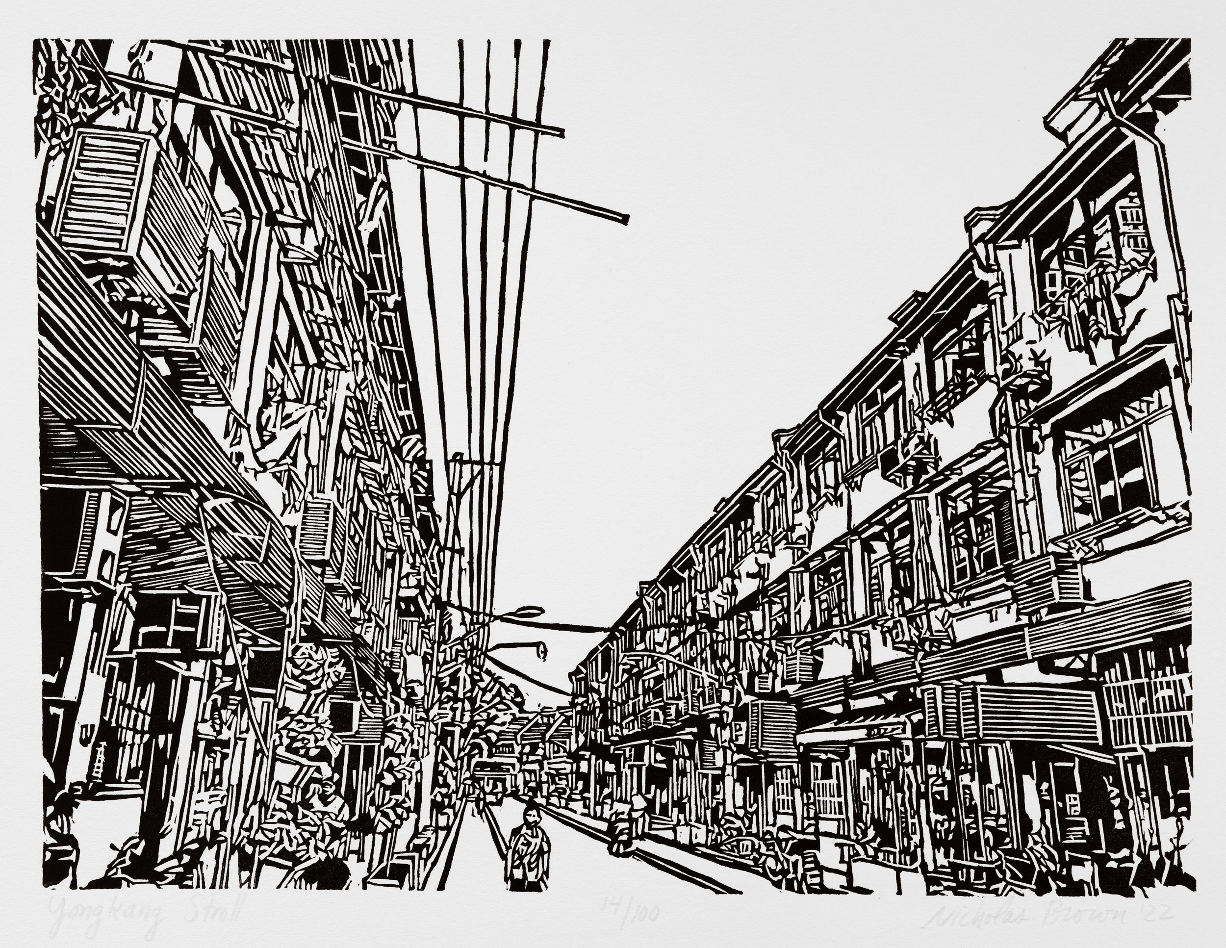 Yongkang Stroll, a black and white linoleum block 
                print of looking down Yongkang Road in Shanghai by artist Nicholas Brown.