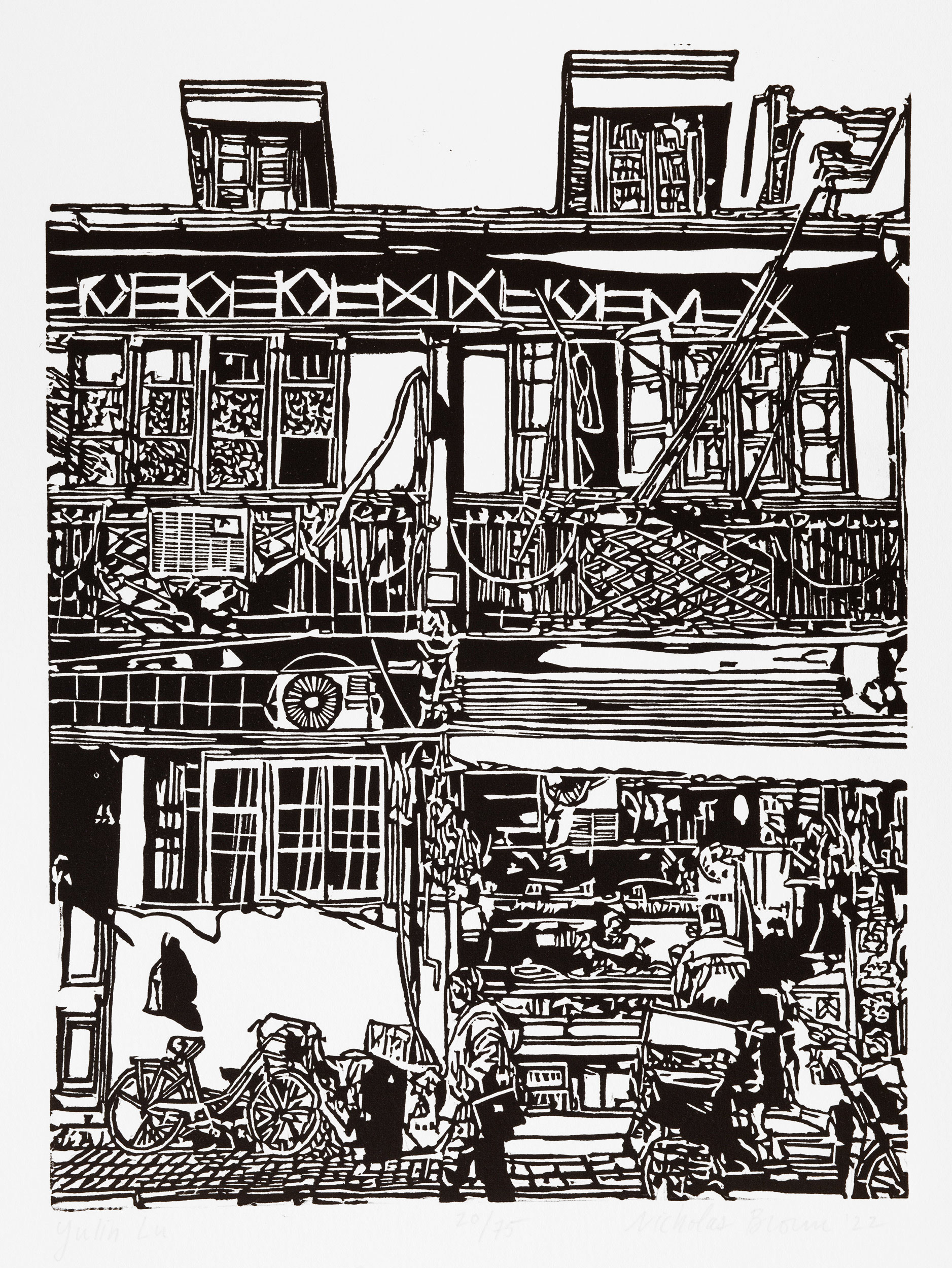 Yulin Lu, a black and white linoleum block 
                print of a butcher shop in an old building in the Hongkou neighborhood of Shanghai by artist Nicholas Brown.