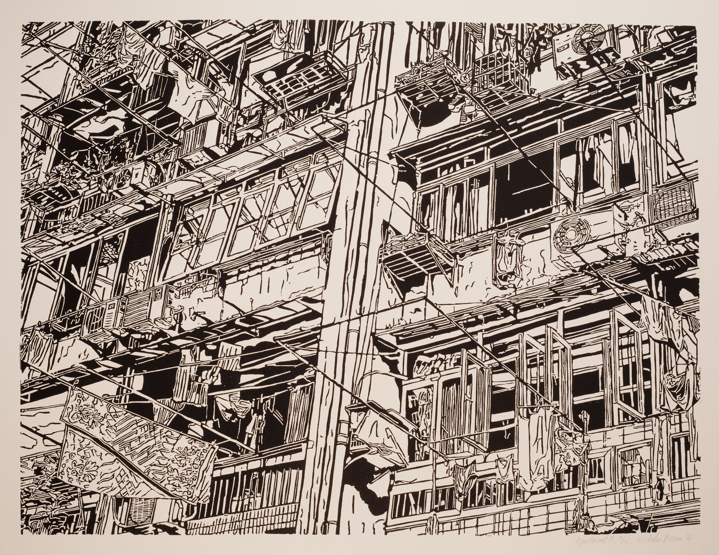 Apartment 29, a black and white linoleum block
print of an apartment building in Shanghai by artist Nicholas Brown.